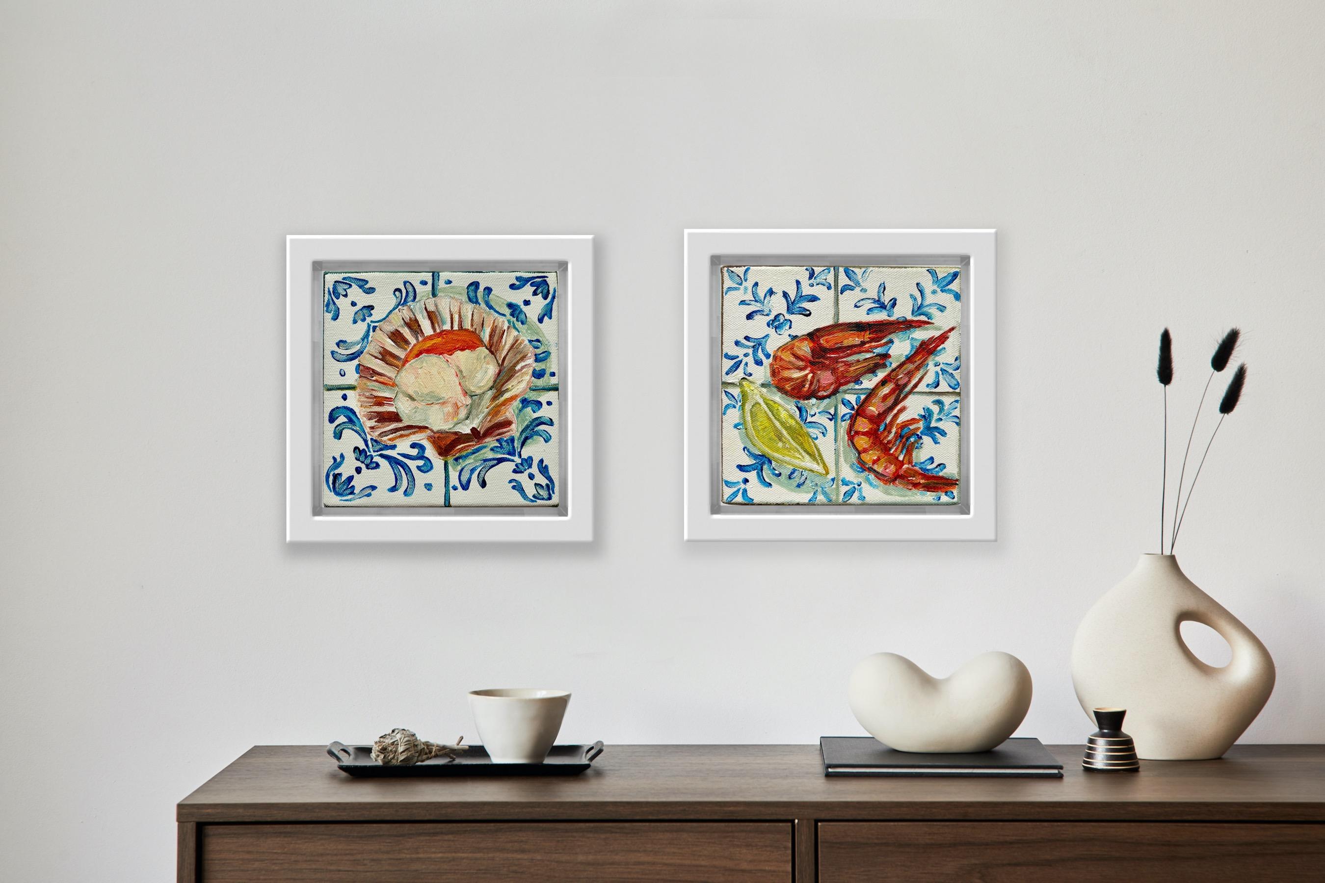 Two Prawns & Lemon Wedge and Scallop on Tiles diptych, Original painting, Sea For Sale 1