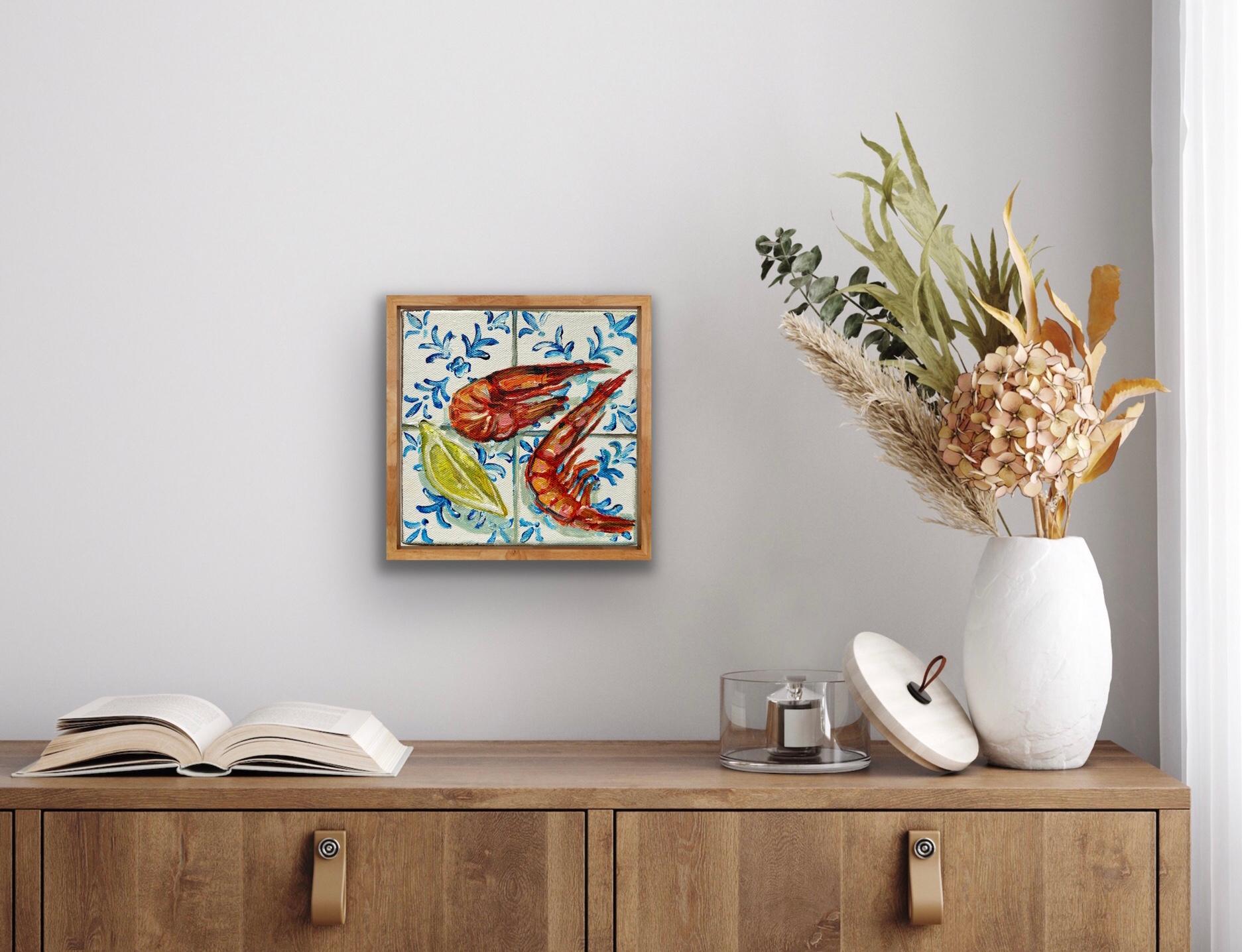 Two Prawns & Lemon Wedge, Original painting, Food art, Seafood, Mediterranean - Painting by Pippa Smith