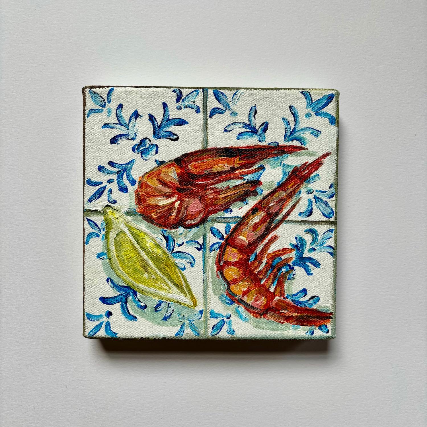 Two Prawns & Lemon Wedge, Original painting, Food art, Seafood, Mediterranean - Contemporary Painting by Pippa Smith