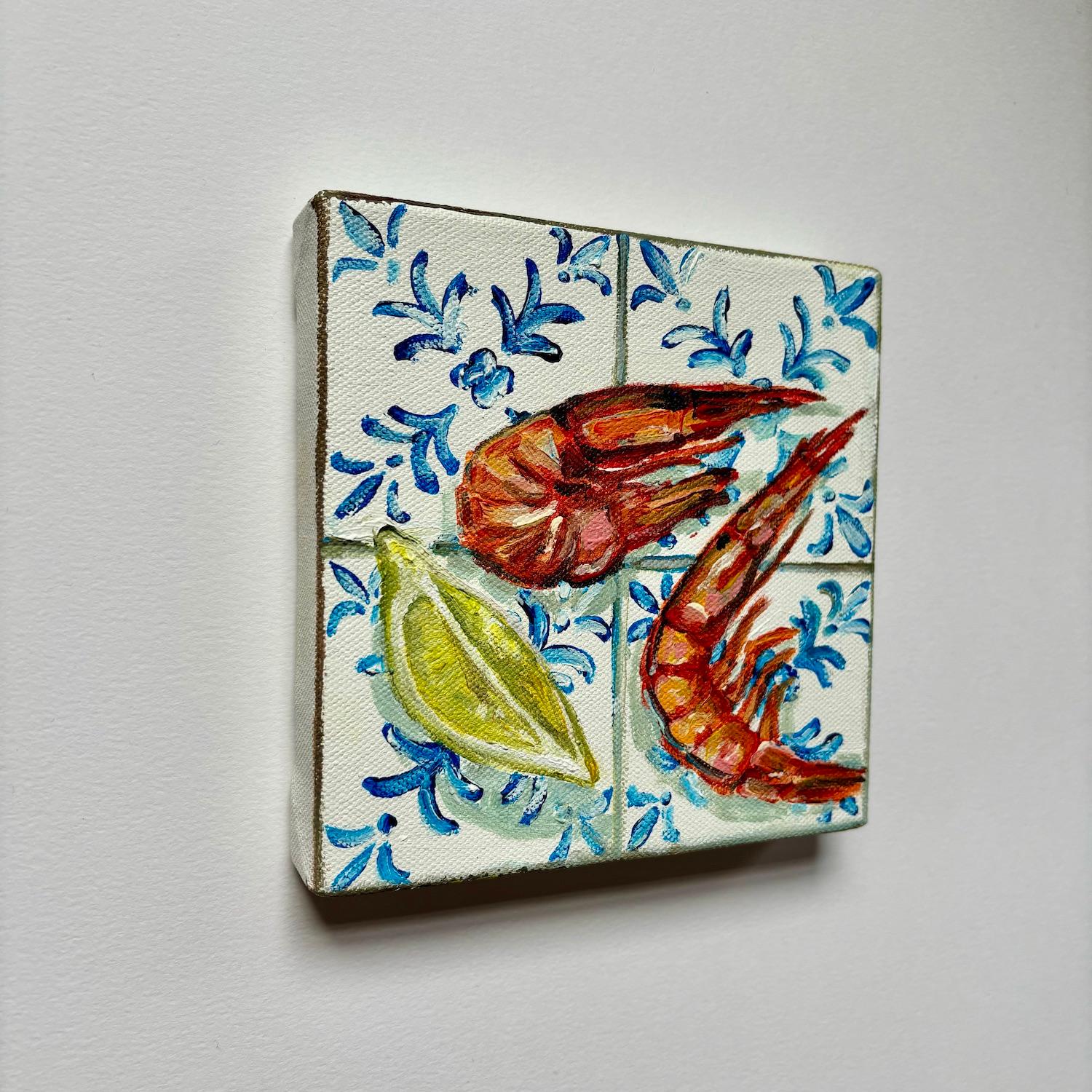 This contemporary still-life depicts two vibrant and juicy prawns with a lemon wedge on blue and white Mediterranean tiles. This box canvas is part of my MINI Tiles series, and is ready to be hung unframed. Inspired by my Abuela's home kitchen.