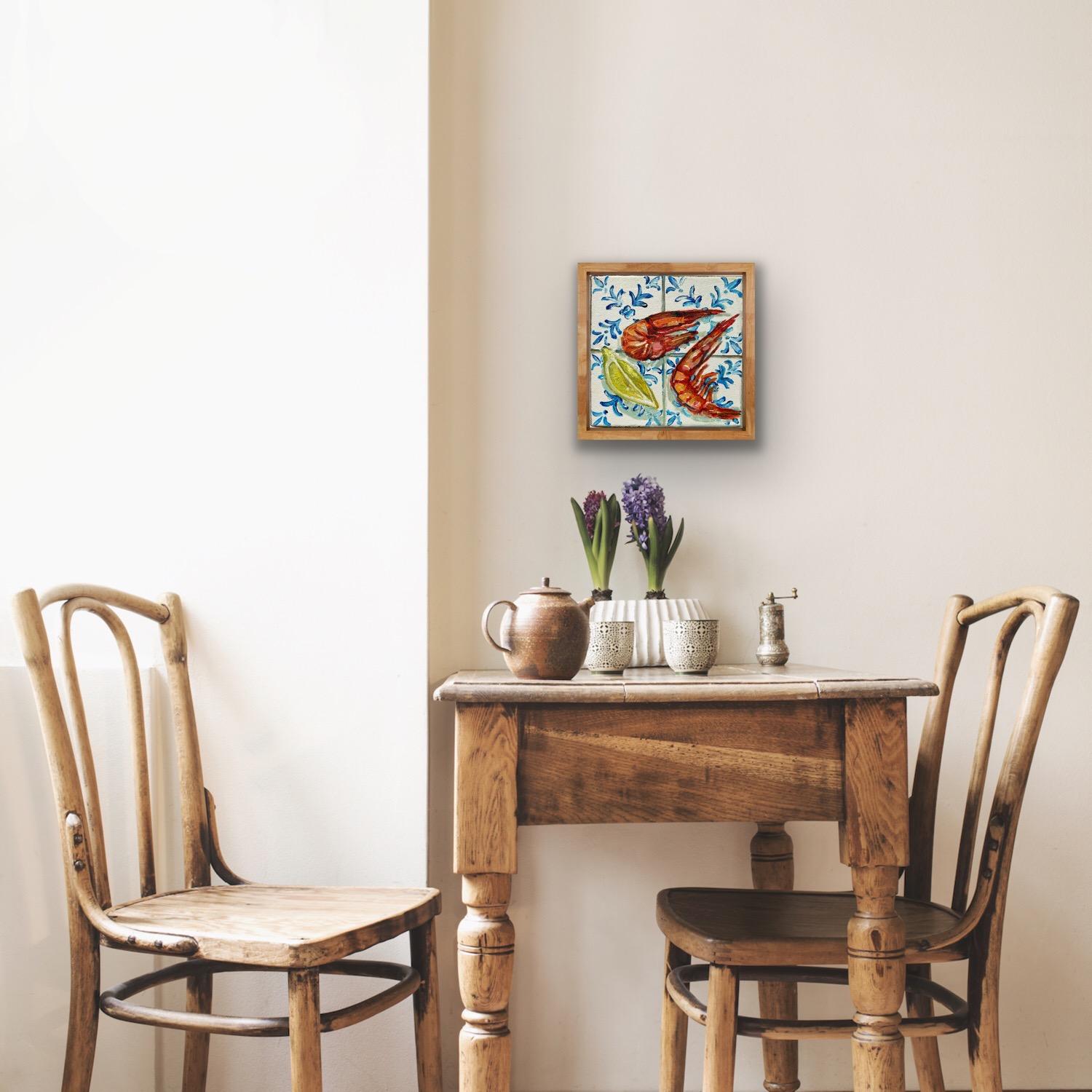 Two Prawns & Lemon Wedge, Original painting, Food art, Seafood, Mediterranean For Sale 1