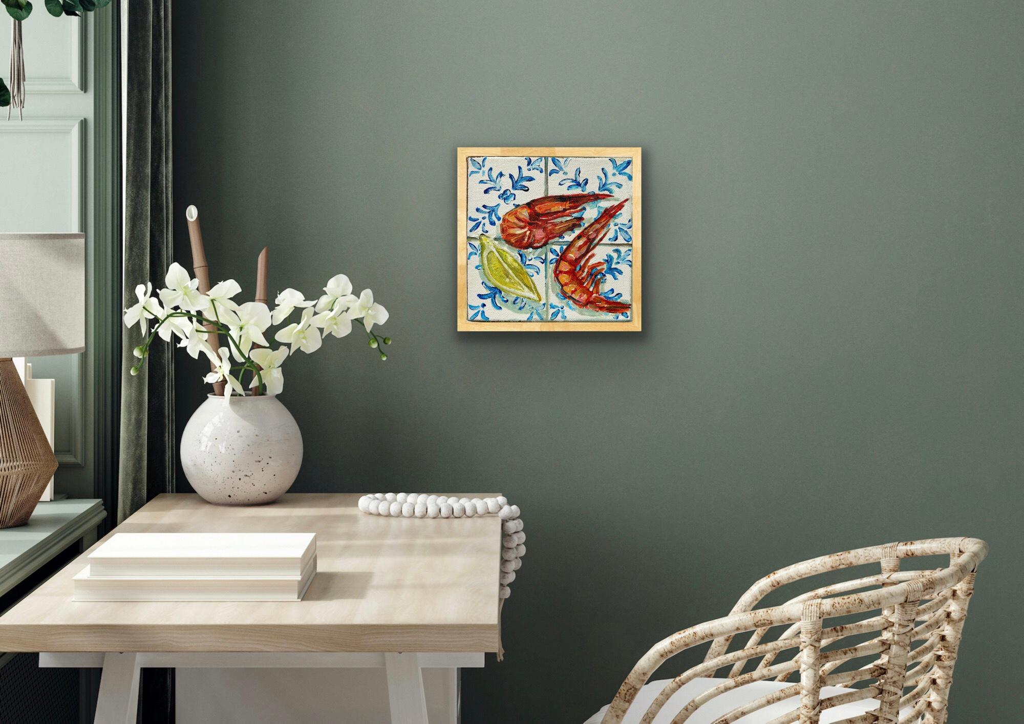 Two Prawns & Lemon Wedge, Original painting, Food art, Seafood, Mediterranean For Sale 3