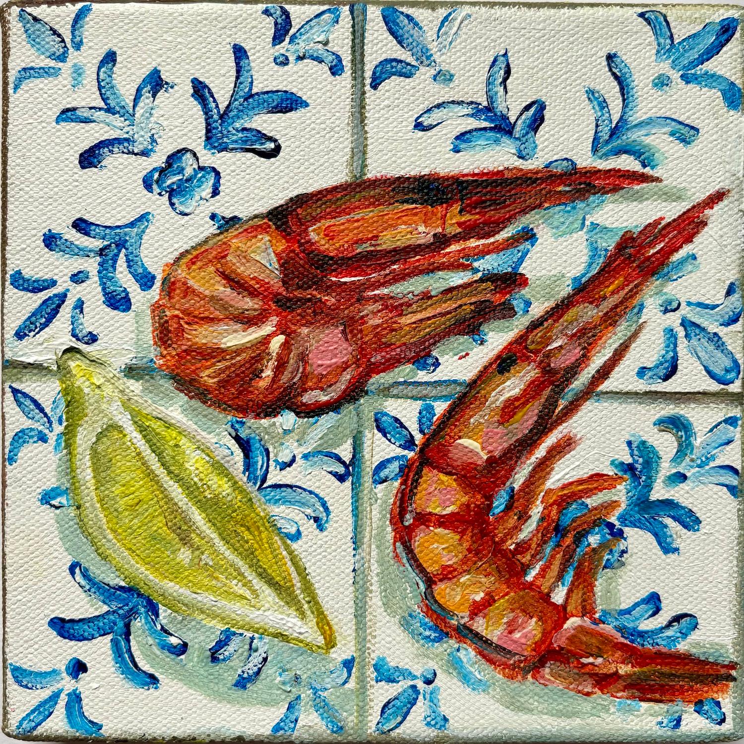 Pippa Smith Still-Life Painting - Two Prawns & Lemon Wedge, Original painting, Food art, Seafood, Mediterranean
