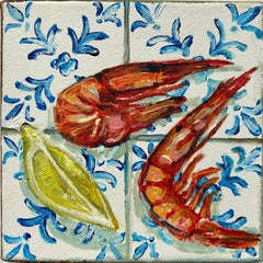 Two Prawns & Lemon Wedge, Original painting, Food art, Seafood, Mediterranean