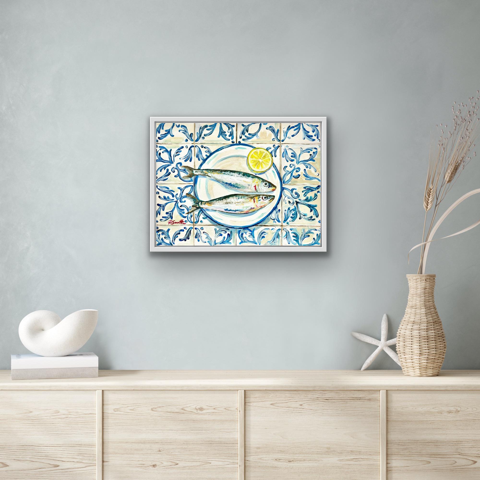 Two Sardines on Spanish Tiles, Original painting, Seafood, Mediterranean art - Painting by Pippa Smith