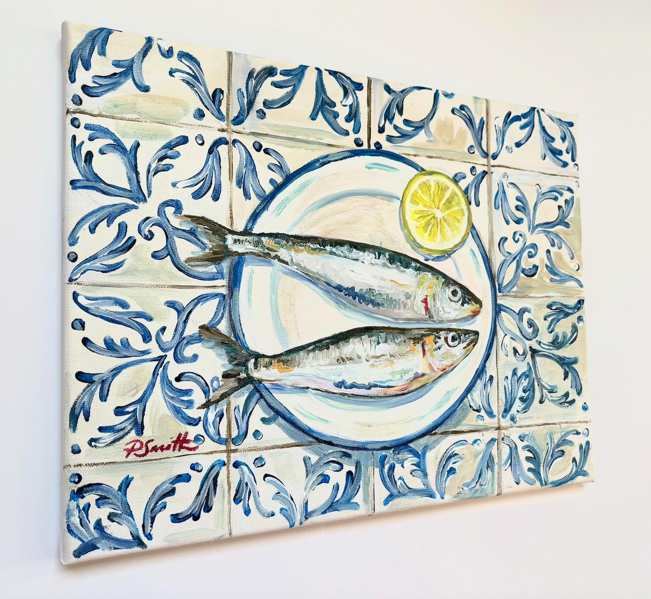 Two Sardines on Spanish Tiles, Original painting, Seafood, Mediterranean art - Contemporary Painting by Pippa Smith