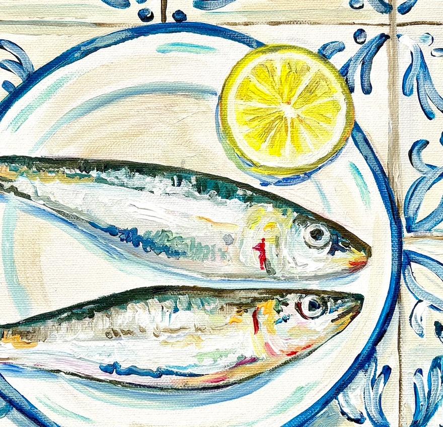 This fresh and vibrant contemporary still-life depicts two colourful sardines and a slice of lemon with a background of Spanish blue and white tiles. The composition is a joyful celebration of the simplicity of Hispanic cooking, and the beauty of