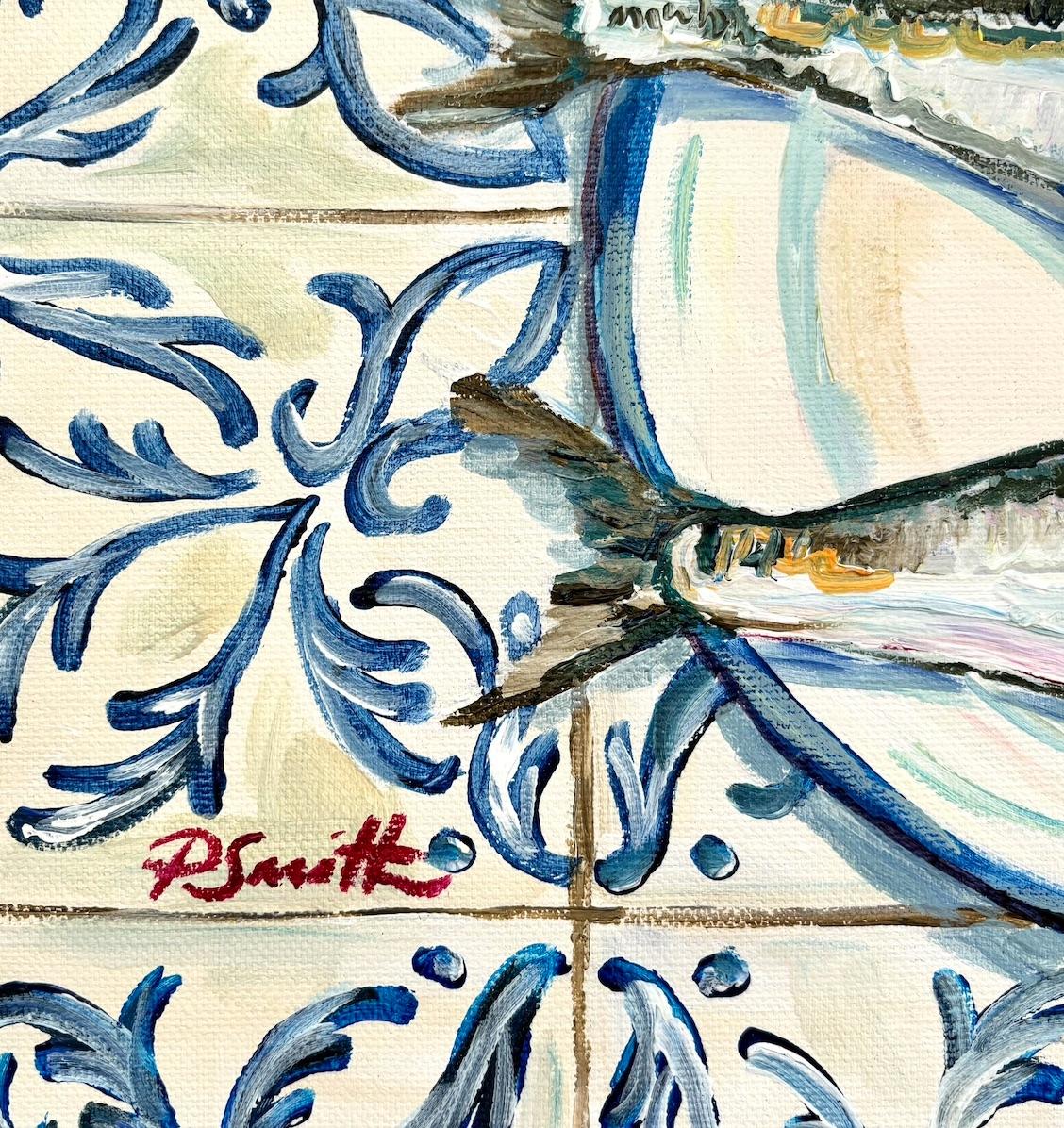 Deux sardines sur carreaux espagnols, peinture originale, fruits de mer, art méditerranéen en vente 1