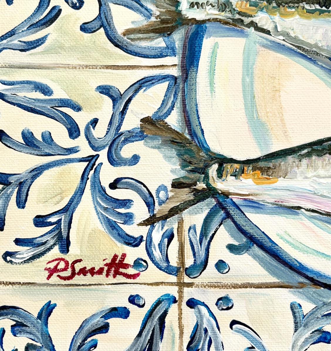 Due sardine su piastrelle spagnole, Quadro originale, Frutti di mare, Arte mediterranea 1