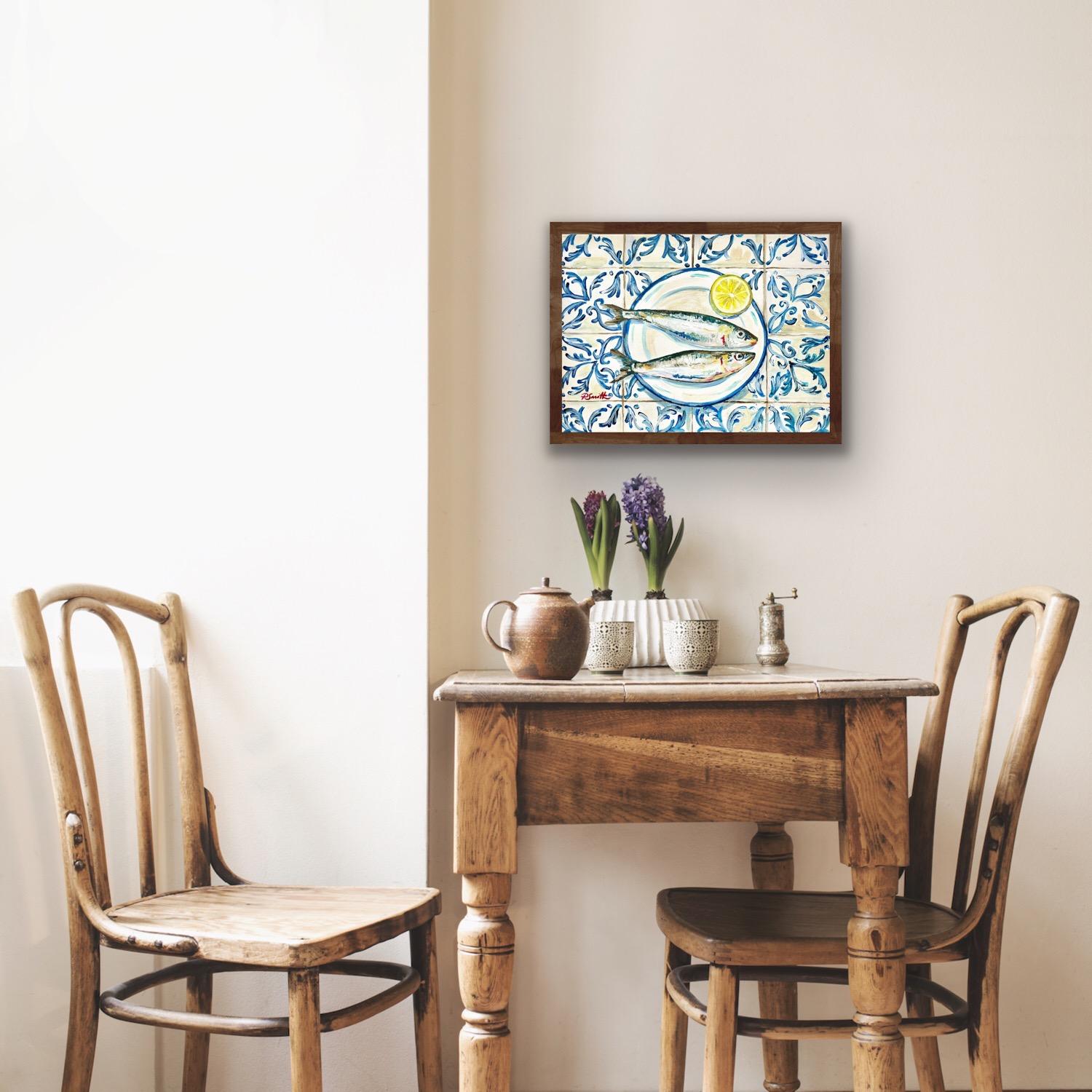 Two Sardines on Spanish Tiles, Original painting, Seafood, Mediterranean art For Sale 4