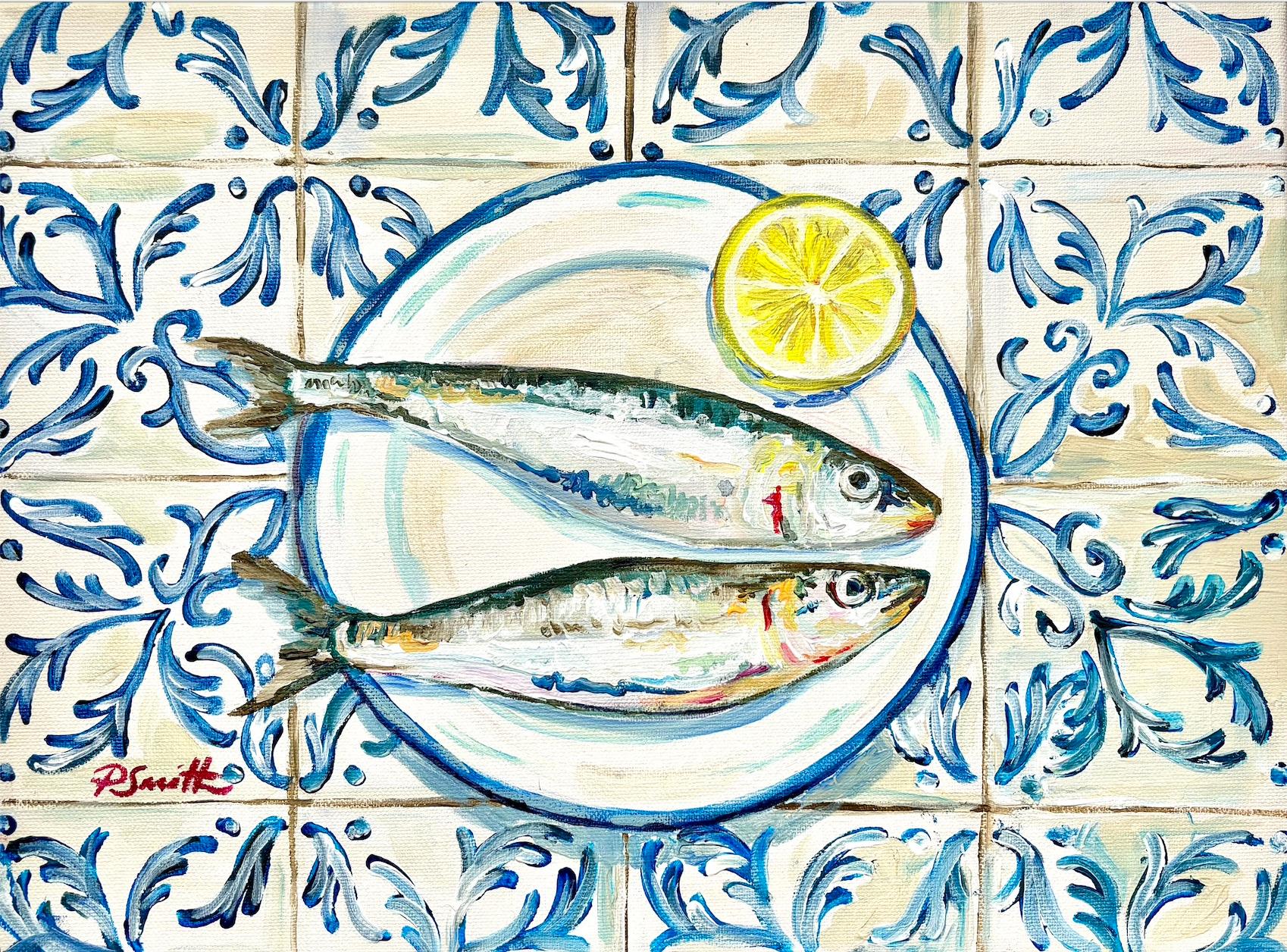 Pippa Smith Interior Painting – Sardines auf spanischen Kacheln, Originalgemälde, Meeresfrüchte, Mittelmeerraumkunst