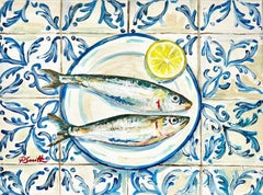 Deux sardines sur carreaux espagnols, peinture originale, fruits de mer, art méditerranéen