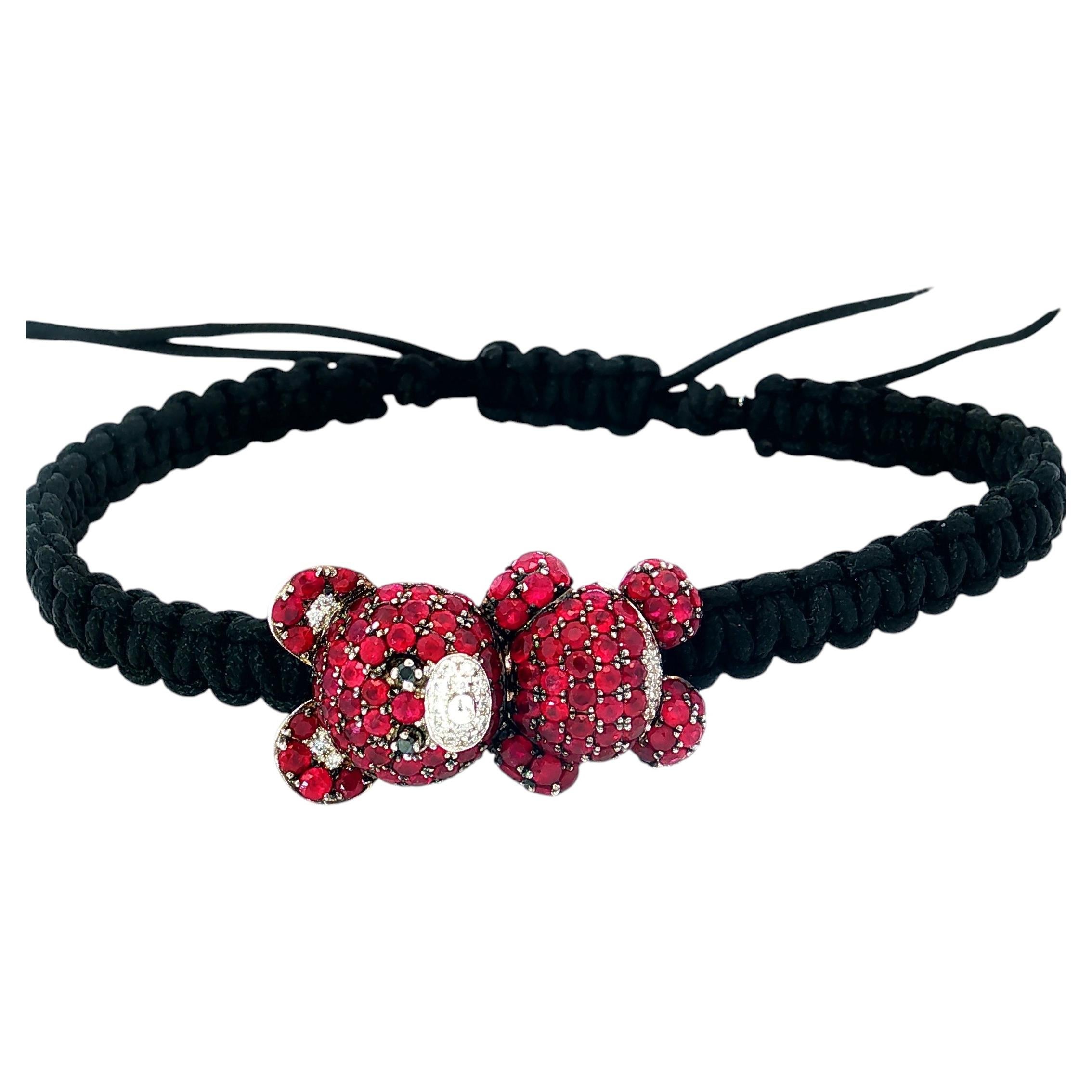 Pre-owned Pippo Perez 18k White Gold Ruby And Diamond Teddy Bear Cord Bracelet