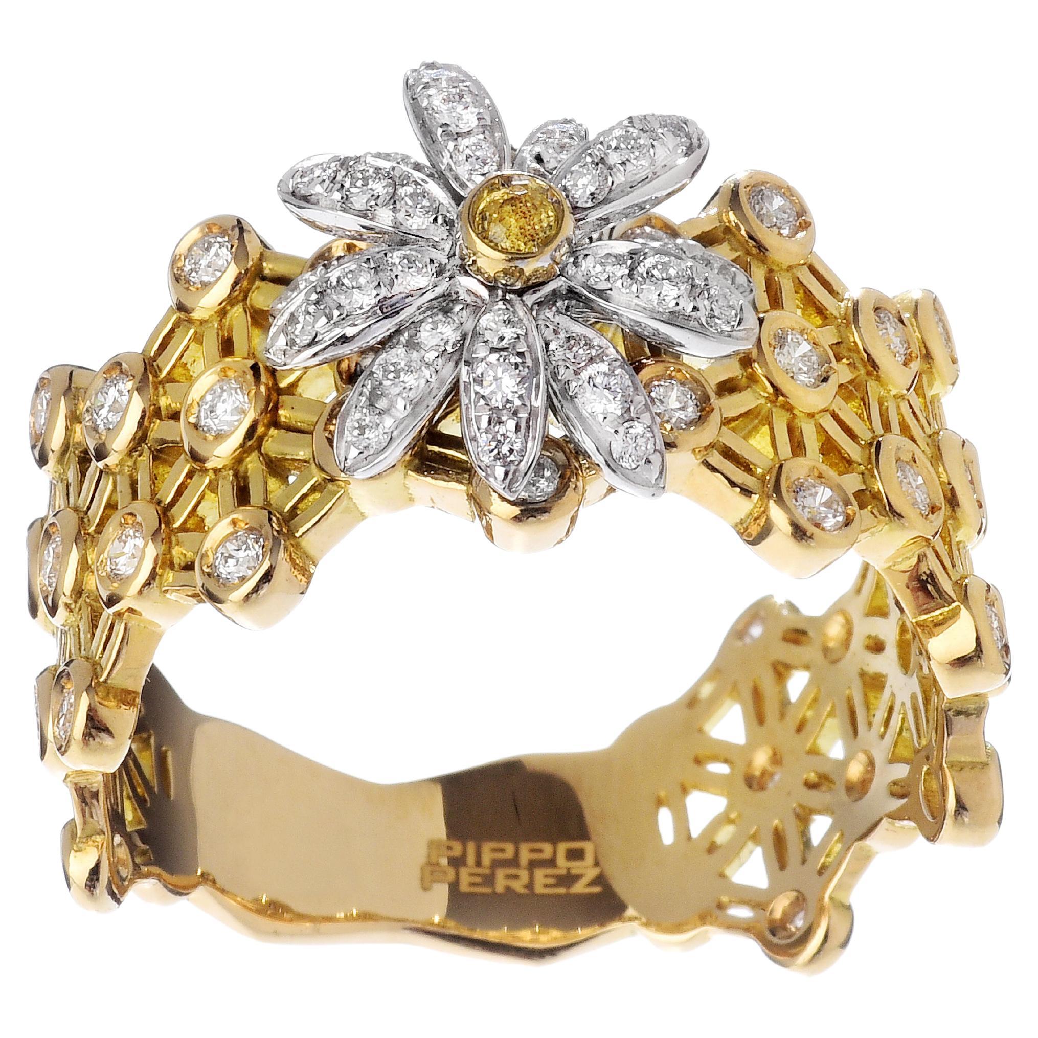 Pippo Perez Daisy Flower Ring White Diamond, Yellow Gold Ring For Sale