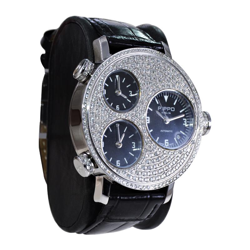 FACTORY / HOUSE: Pippo Perez Limited Edition
STYLE / REFERENCE: Three Time Zone
METAL / MATERIAL: Stainless Steel / Pave Diamond Bezel
DIMENSIONS: Length 51mm X Diameter 43mm
CIRCA: 2010
MOVEMENT / CALIBER: Automatic Winding / 17 Jewels 
DIAL /