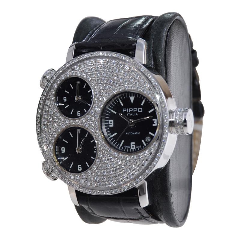 Pippo Perez Steel Diamond Automatic Watch, circa 2010 with 3 Carat of Diamonds In Excellent Condition For Sale In Long Beach, CA