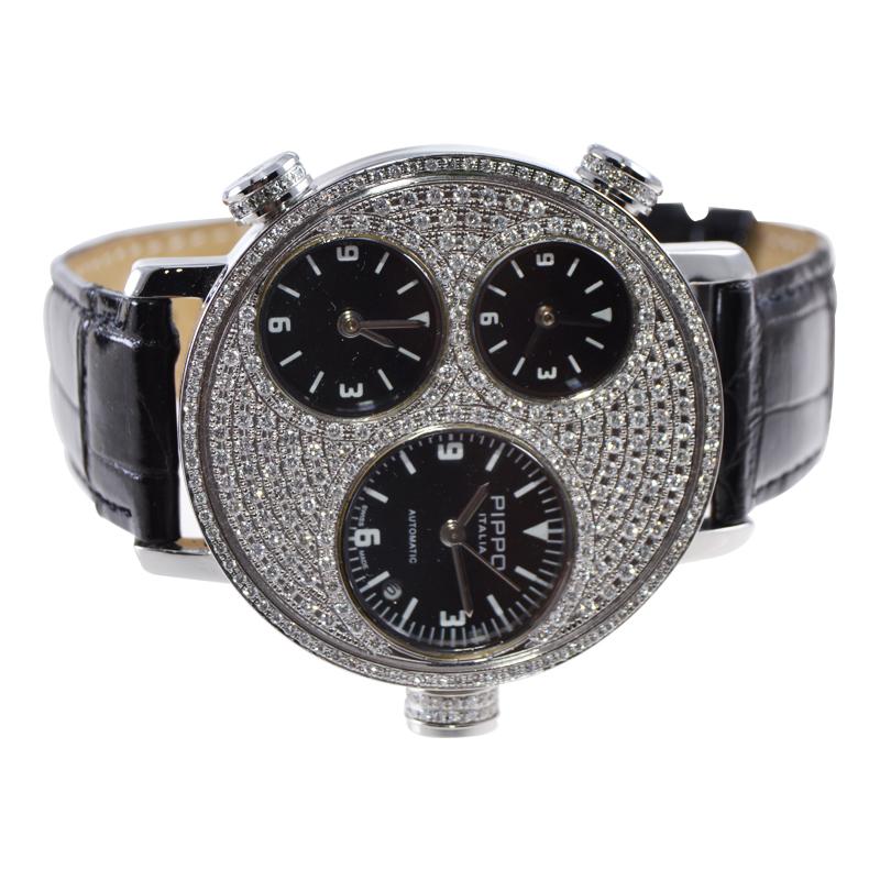 Women's or Men's Pippo Perez Steel Diamond Automatic Watch, circa 2010 with 3 Carat of Diamonds For Sale