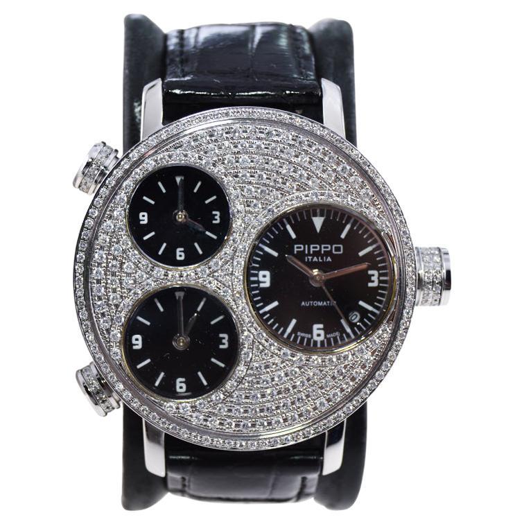 Pippo Perez Steel Diamond Automatic Watch, circa 2010 with 3 Carat of Diamonds For Sale