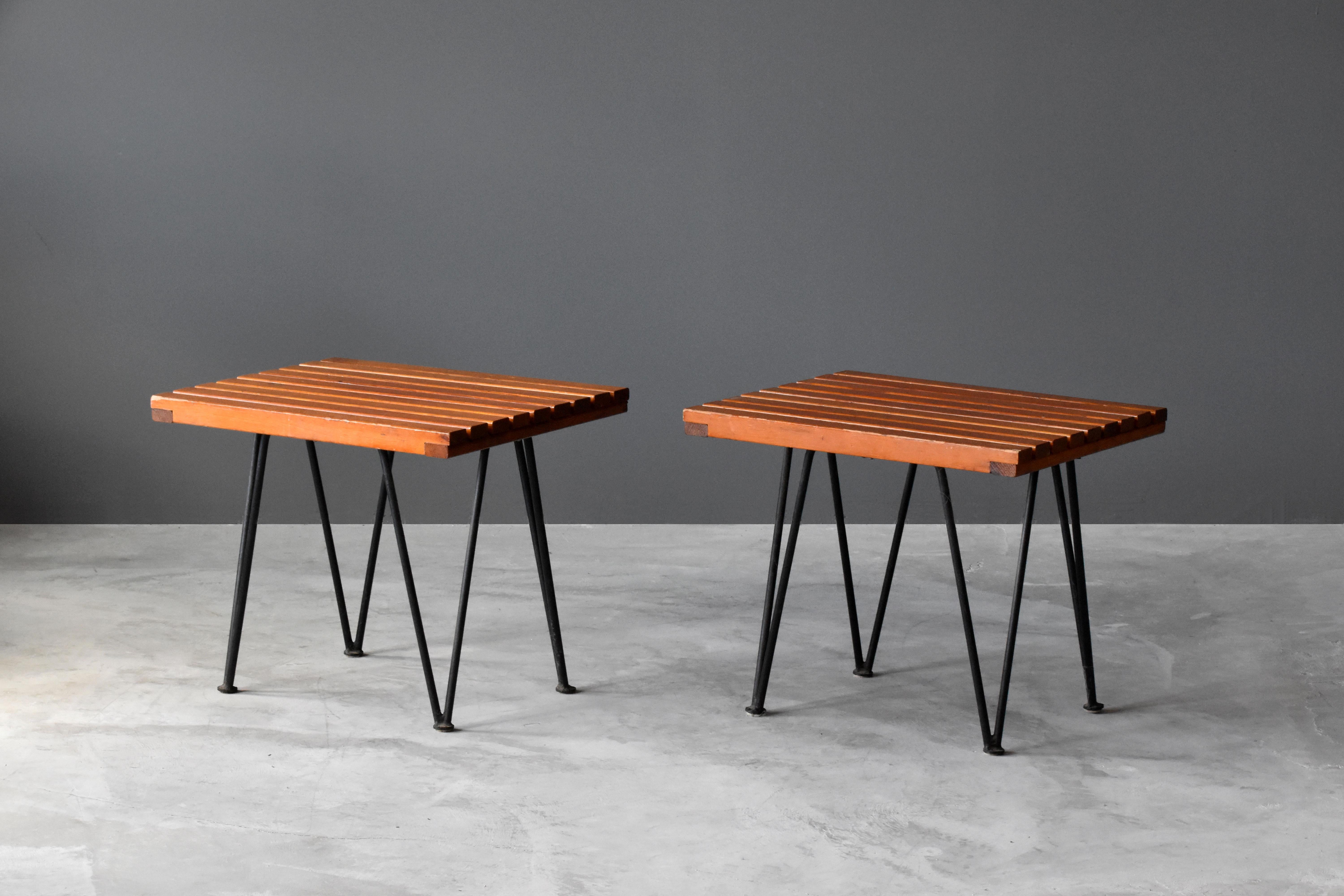 A pair of side tables or benches designed by husband and wife duo Pipsan Saarinen Swanson & J. Robert F. Swanson. Designed by their firm Swanson and Associates as part of the “Sol-Air” line for Ficks Reed Company, Cincinnati in 1949. 

The line