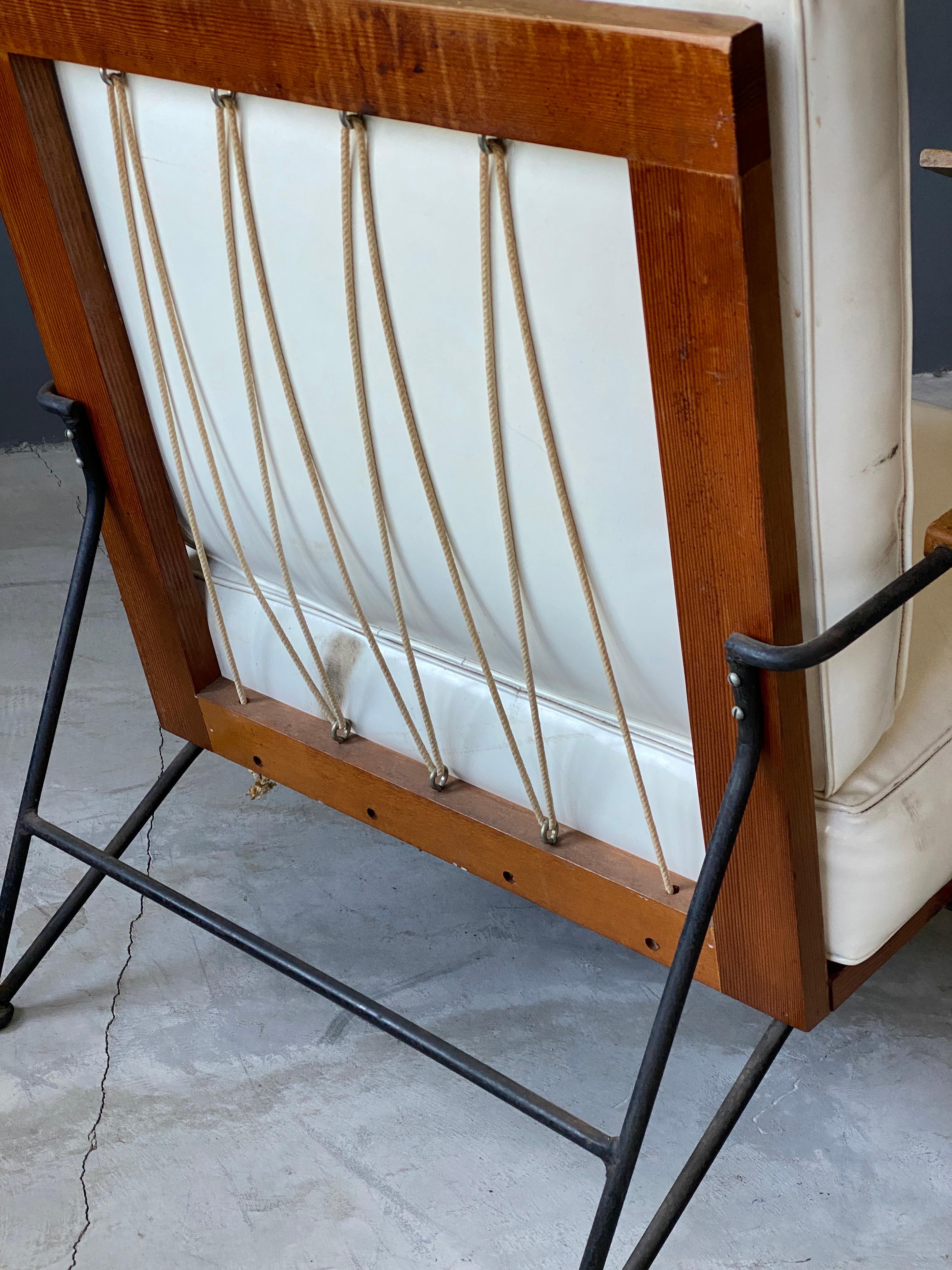 Pipsan Saarinen, Lounge Chairs, White Leather Rope, Steel, Pine Ficks Reed, 1949 In Good Condition In High Point, NC