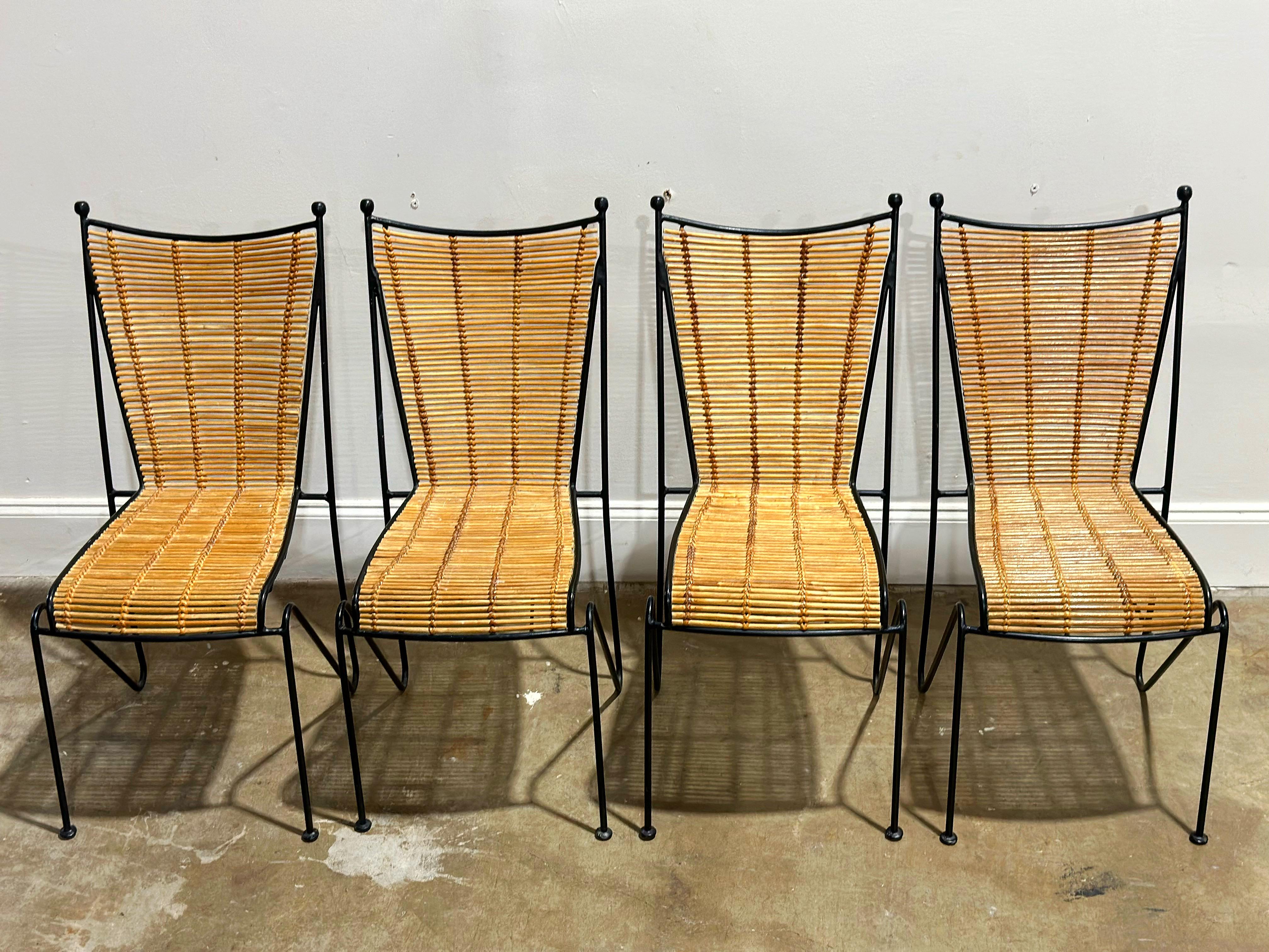 Mid-Century Modern Pipsan Saarinen Swanson Chairs, Wrought Iron + Rattan, Organic Modern Set of 4