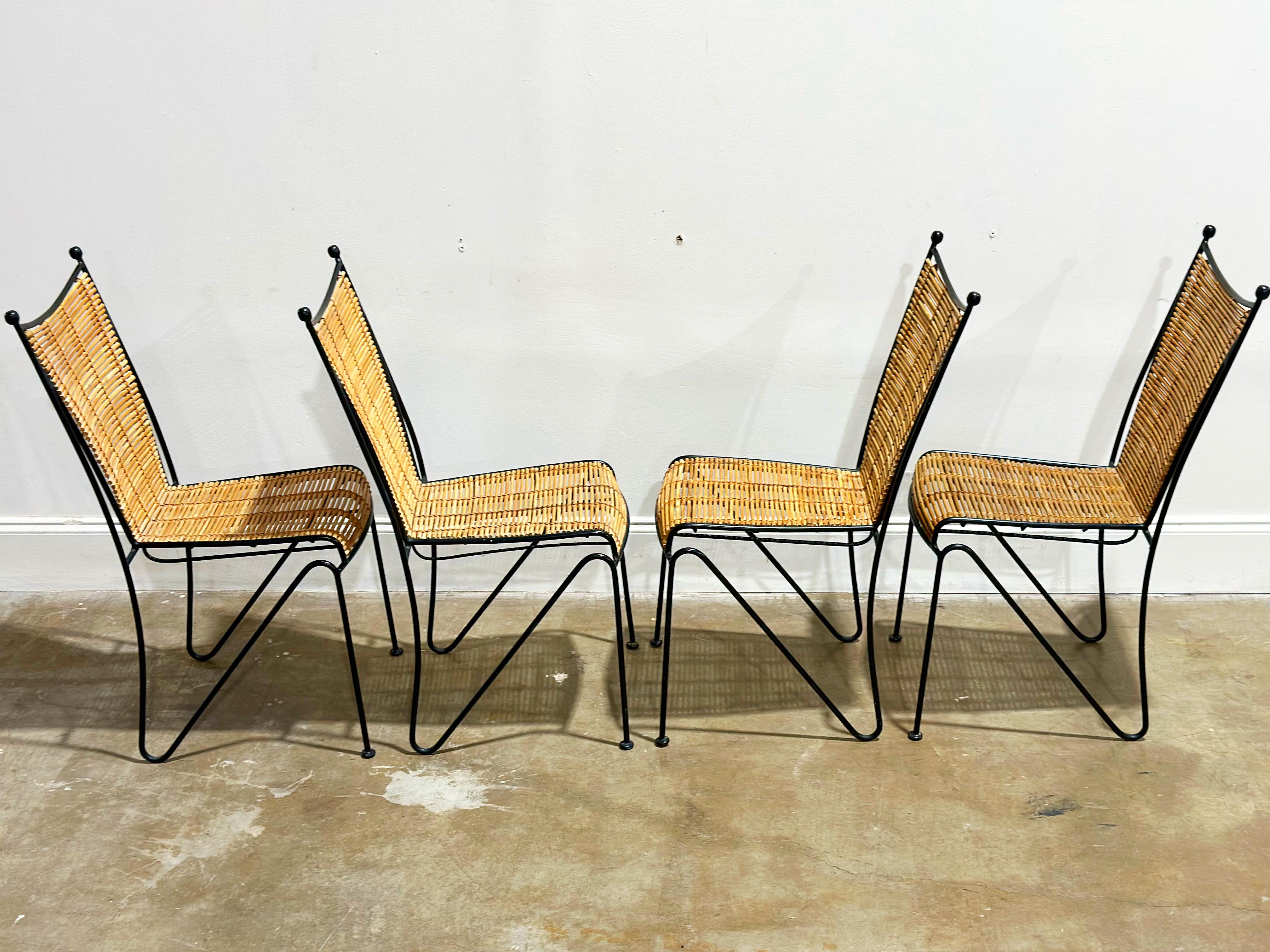 American Pipsan Saarinen Swanson Chairs, Wrought Iron + Rattan, Organic Modern Set of 4