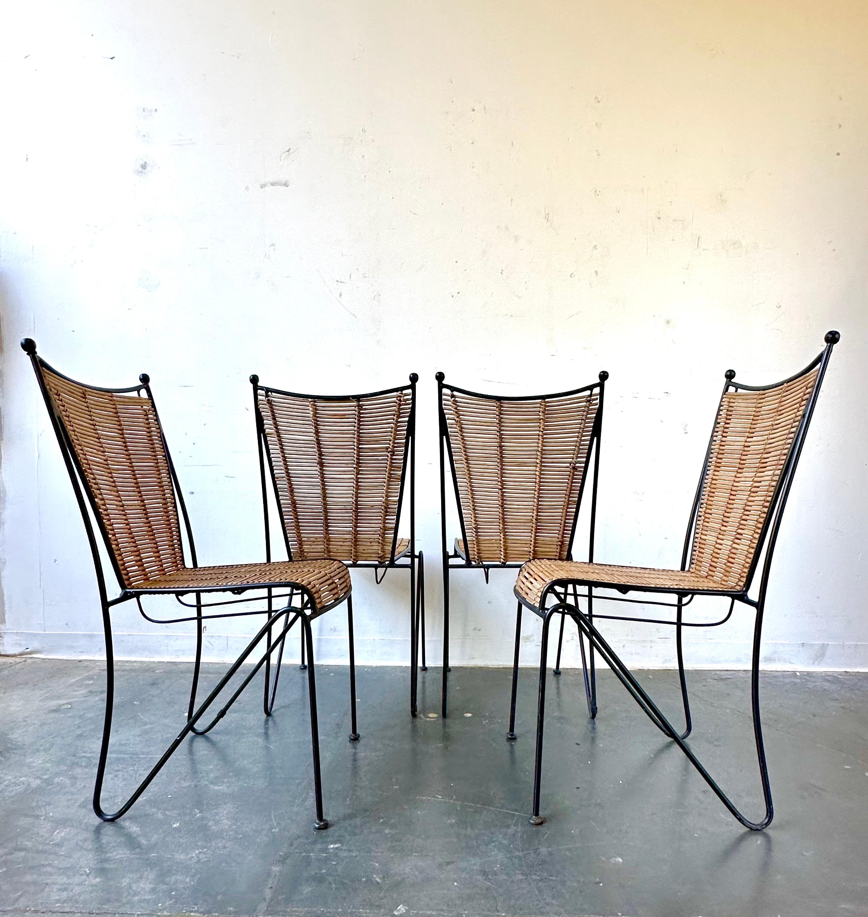 American Pipsan Saarinen Swanson Chairs, Wrought Iron + Rattan, Organic Modern Set of 4 For Sale