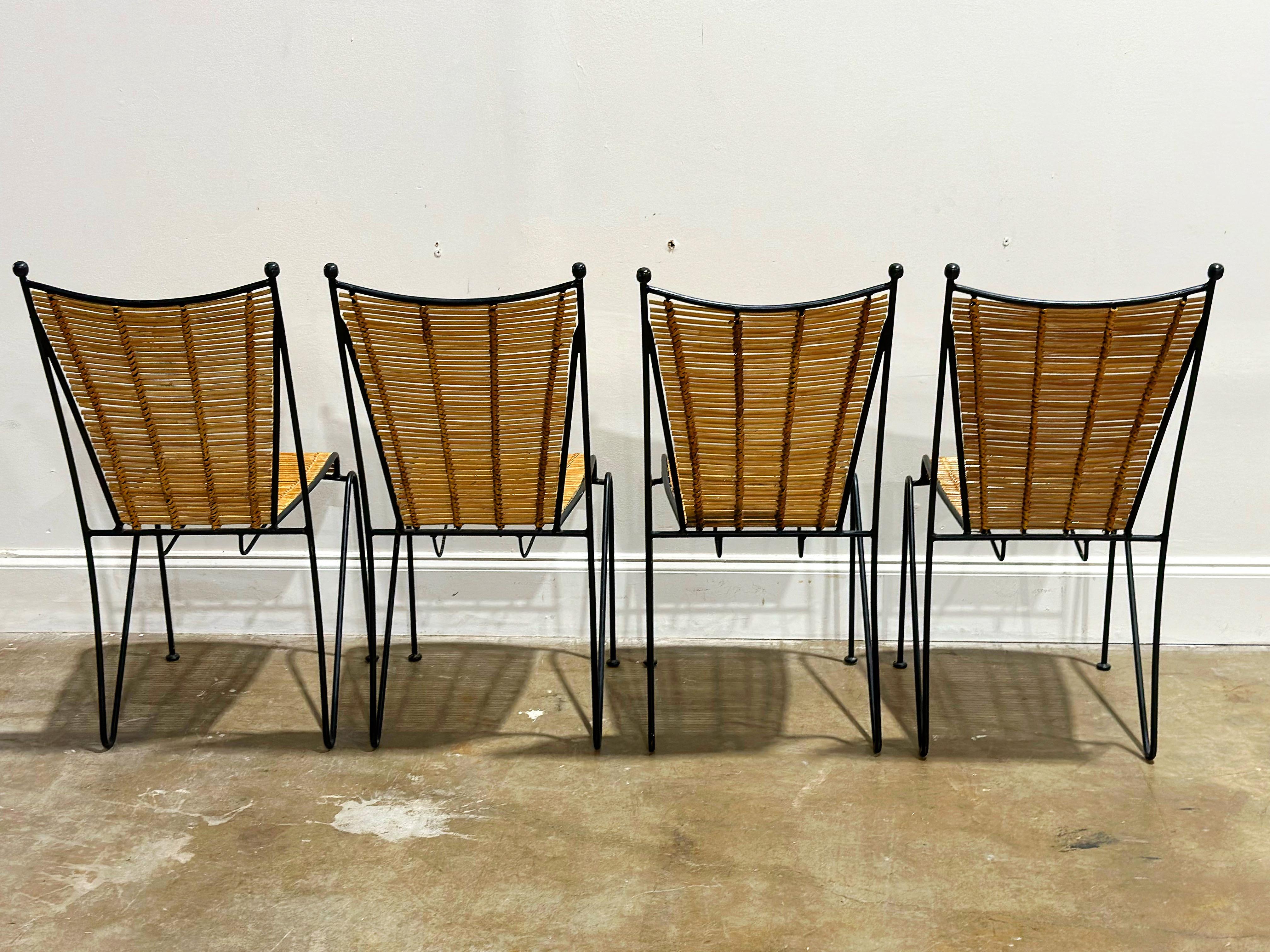 Mid-20th Century Pipsan Saarinen Swanson Chairs, Wrought Iron + Rattan, Organic Modern Set of 4