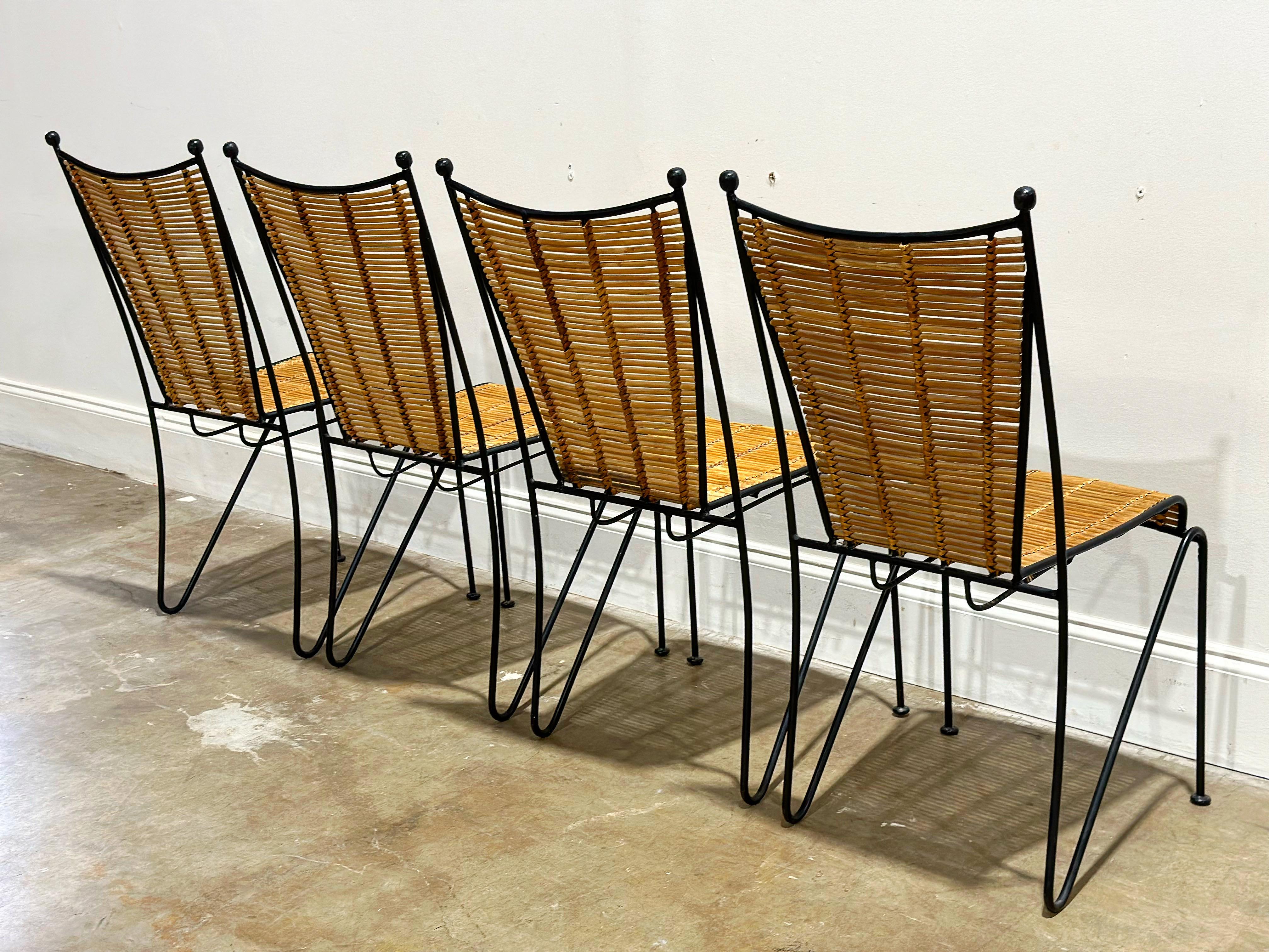 Wicker Pipsan Saarinen Swanson Chairs, Wrought Iron + Rattan, Organic Modern Set of 4