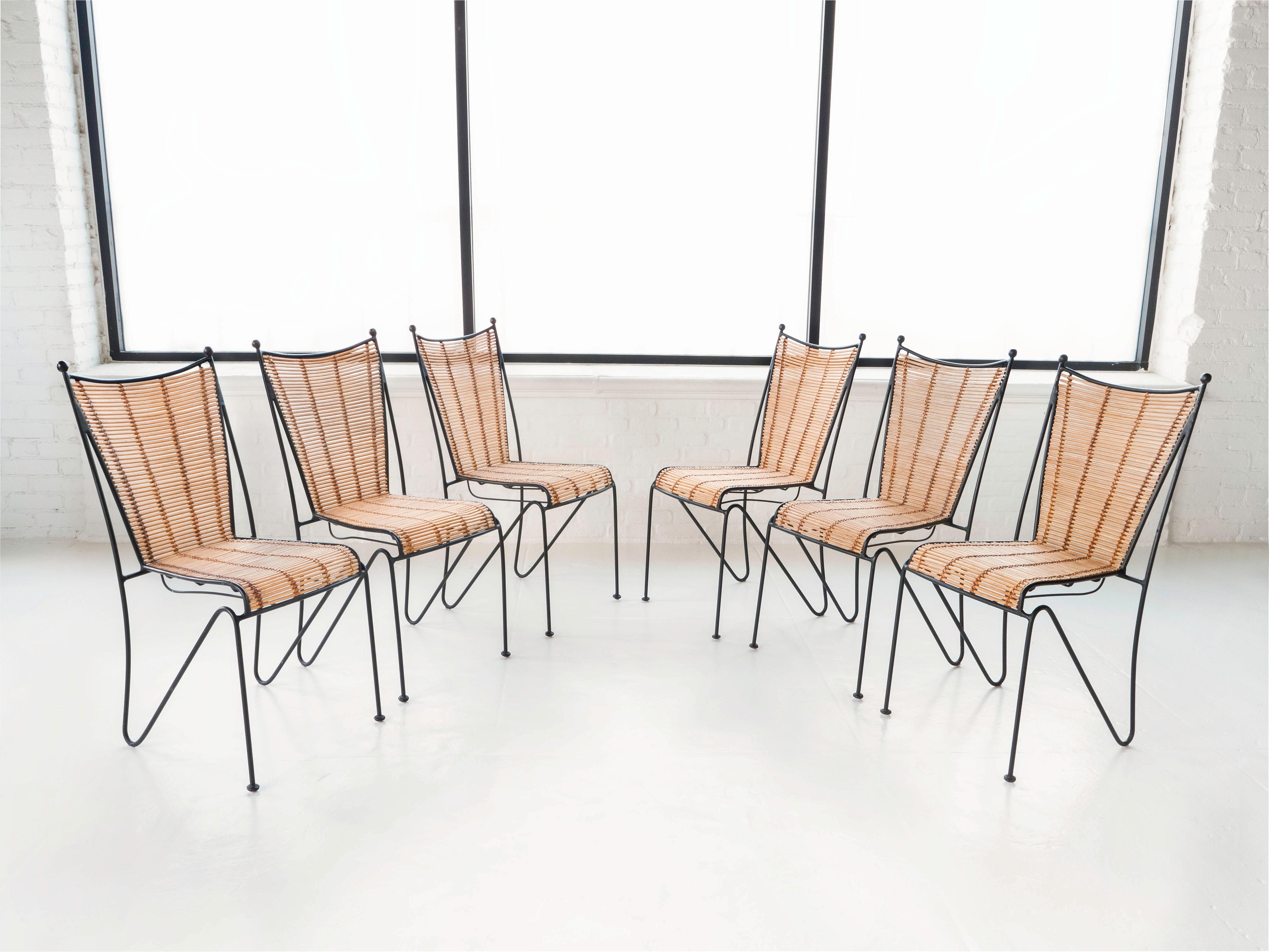 Mid-Century Modern Pipsan Saarinen Swanson Iron & Rattan Set of 6 Chairs, Ficks Reed, 1950s