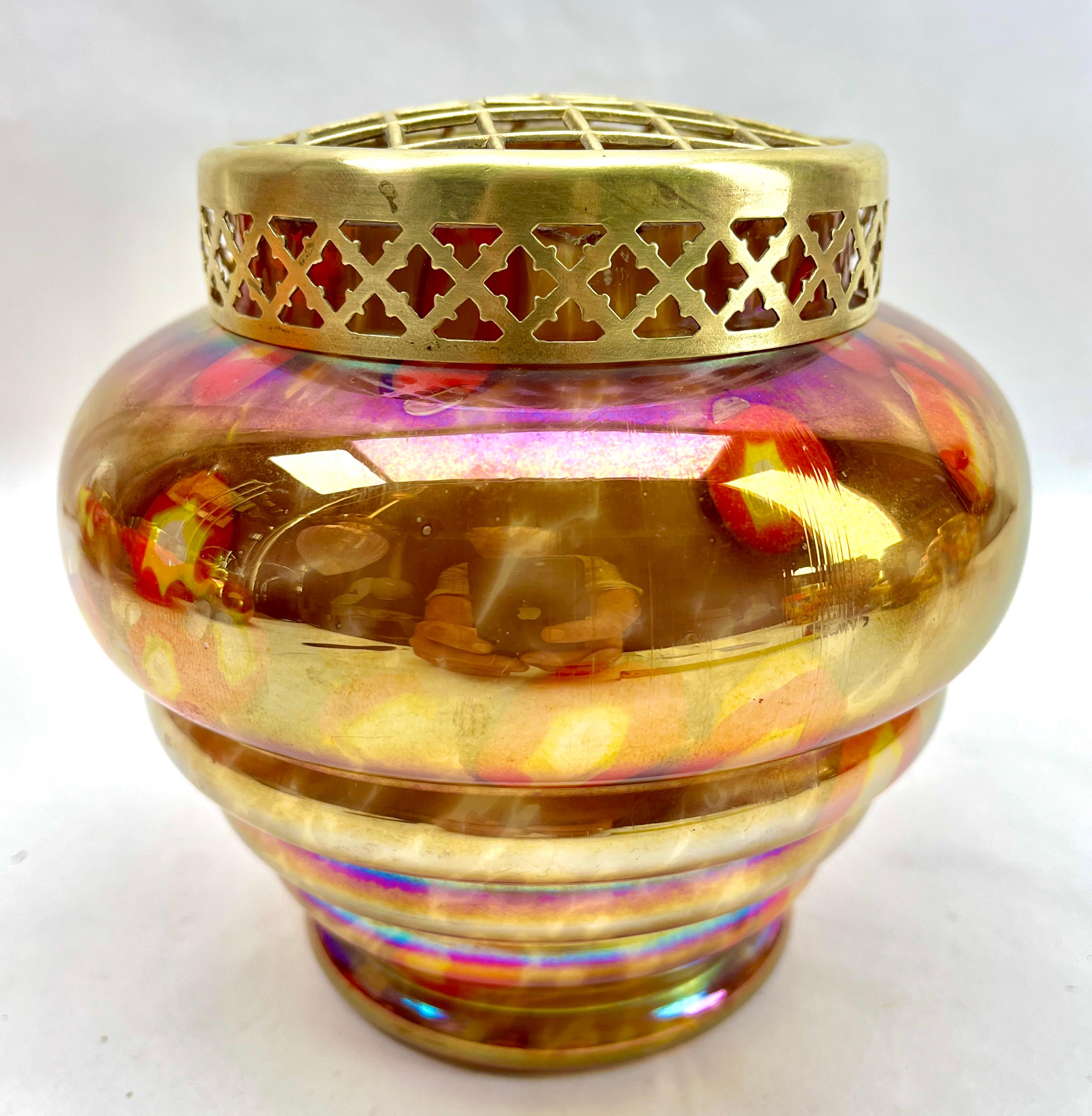 Art Nouveau 'Pique Fleurs' Iridescent Glass Vase, in Multi Color Decor with Grille, 1930s  For Sale