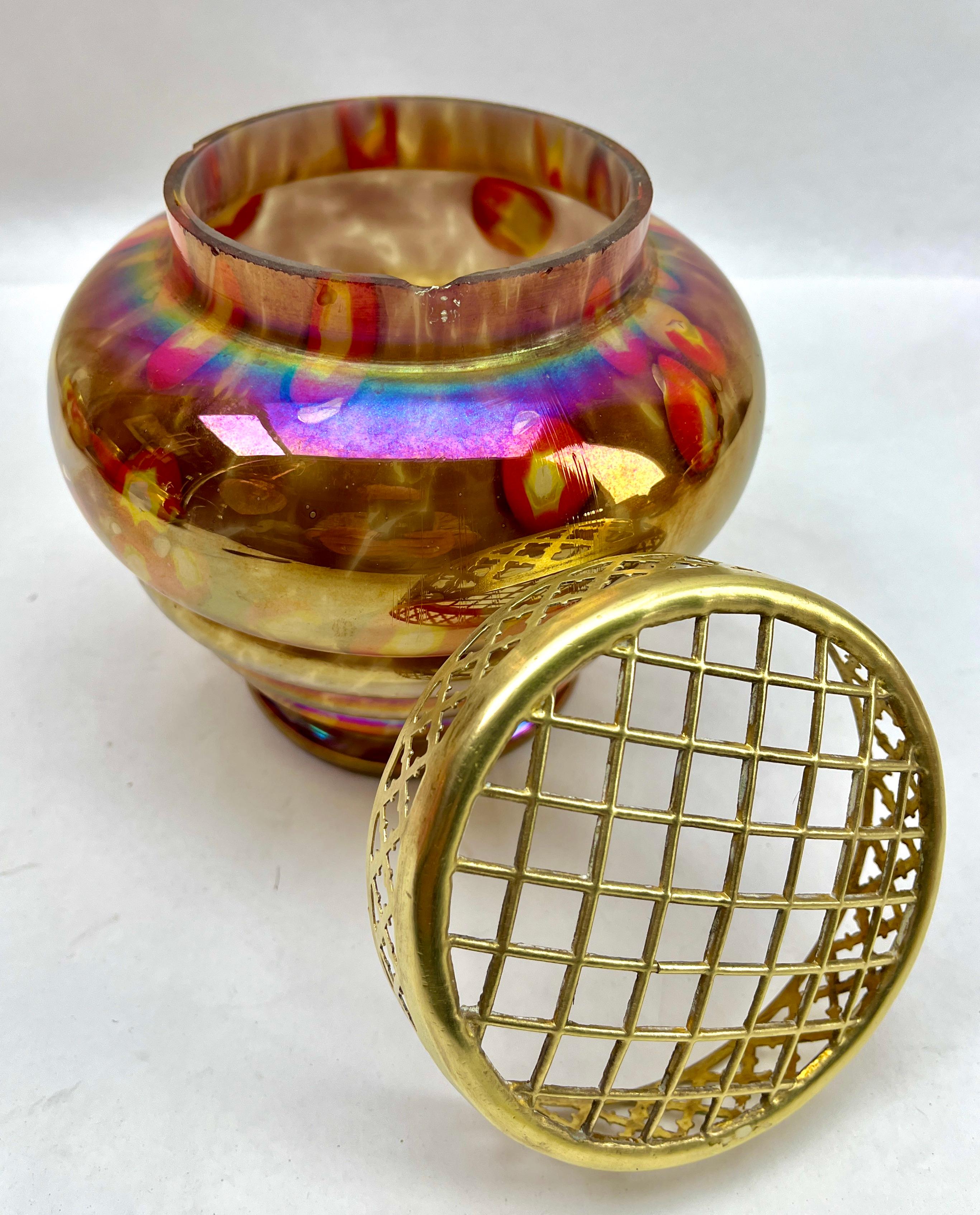 Czech 'Pique Fleurs' Iridescent Glass Vase, in Multi Color Decor with Grille, 1930s  For Sale