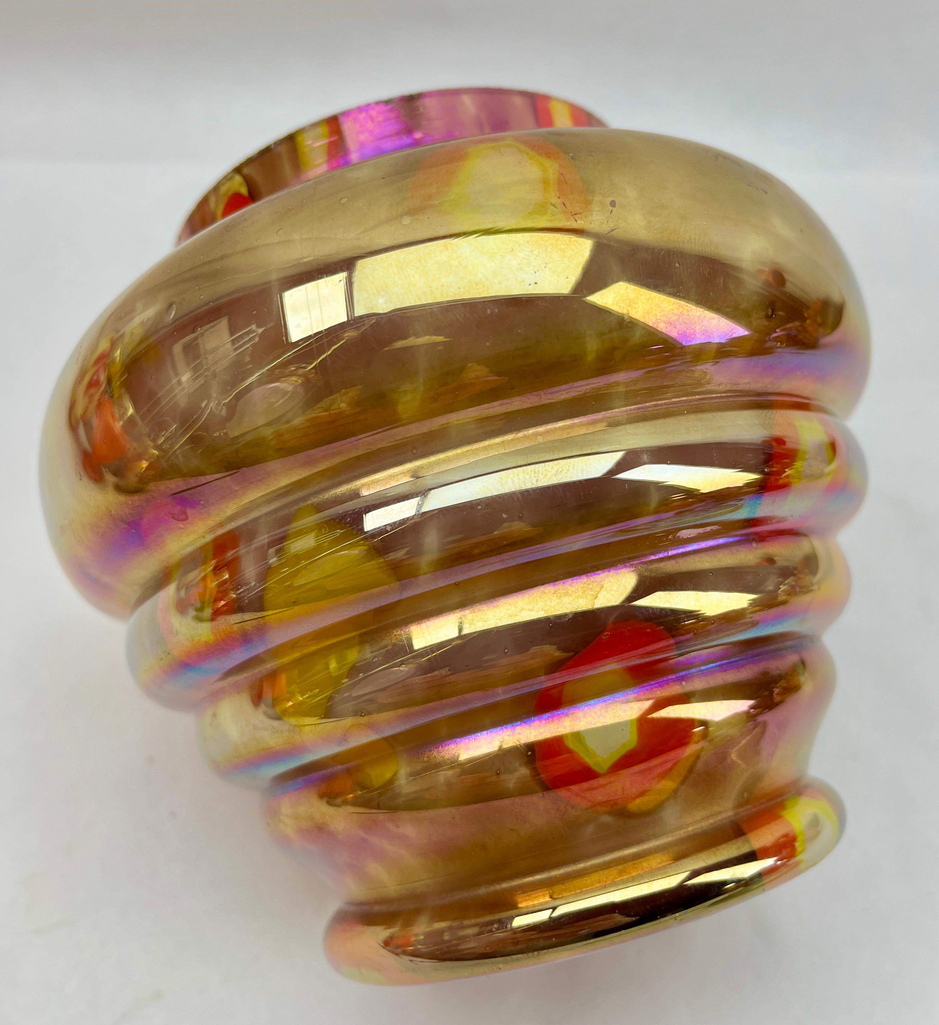Czech 'Pique Fleurs' Iridescent Glass Vase, in Multi Color Decor with Grille, 1930s  For Sale