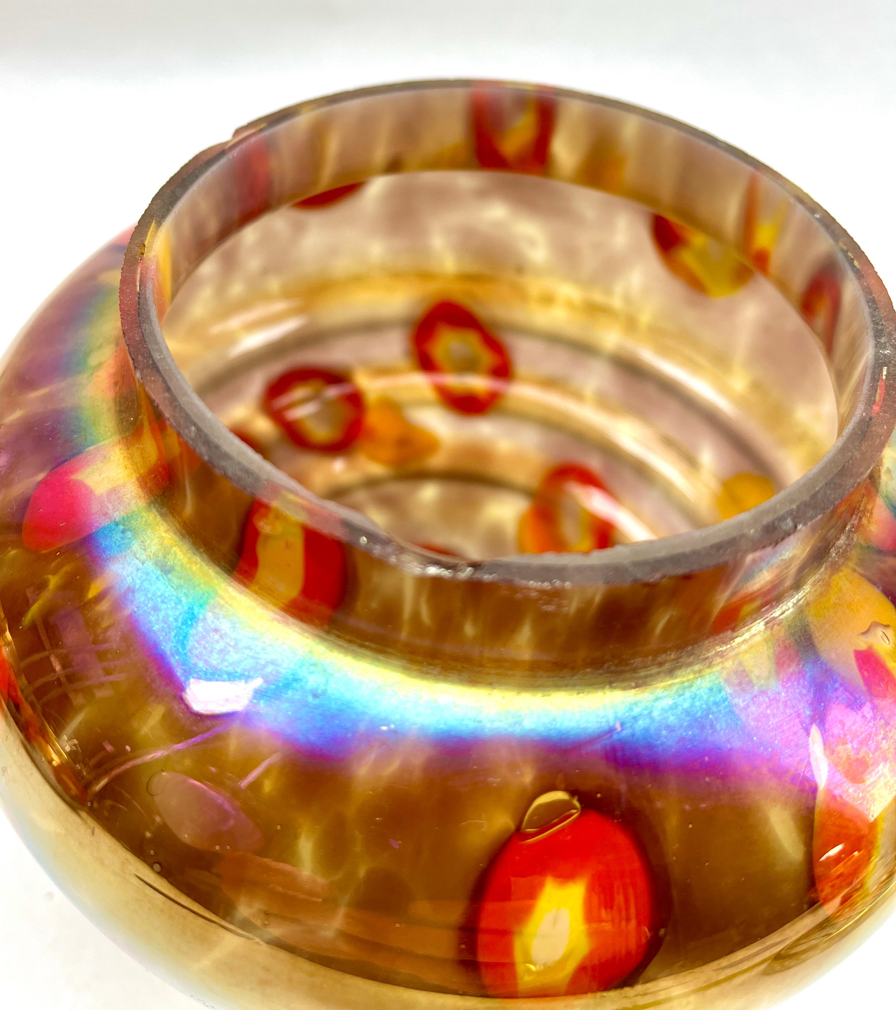 20th Century 'Pique Fleurs' Iridescent Glass Vase, in Multi Color Decor with Grille, 1930s  For Sale