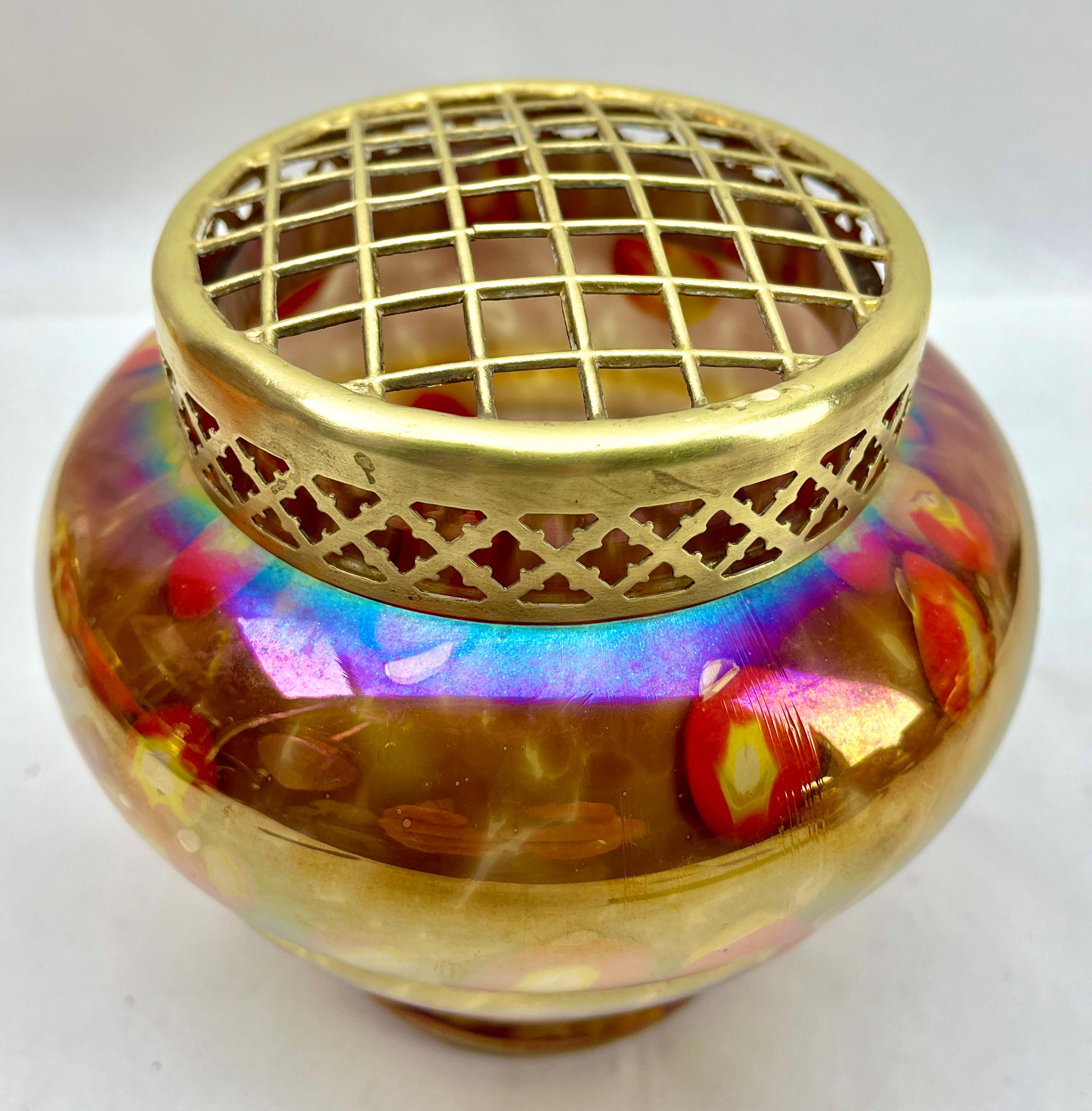 Art Glass 'Pique Fleurs' Iridescent Glass Vase, in Multi Color Decor with Grille, 1930s  For Sale