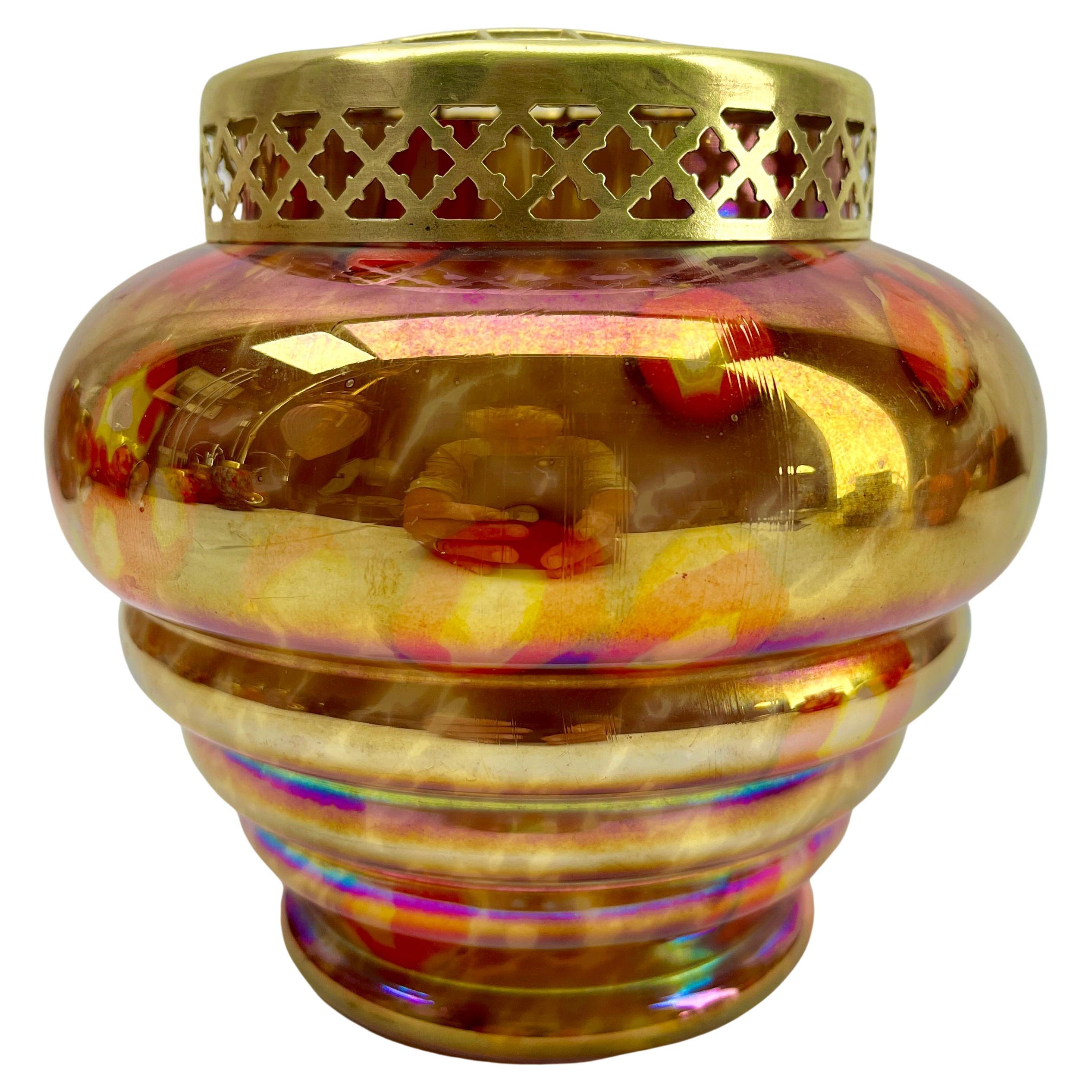 'Pique Fleurs' Iridescent Glass Vase, in Multi Color Decor with Grille, 1930s  For Sale