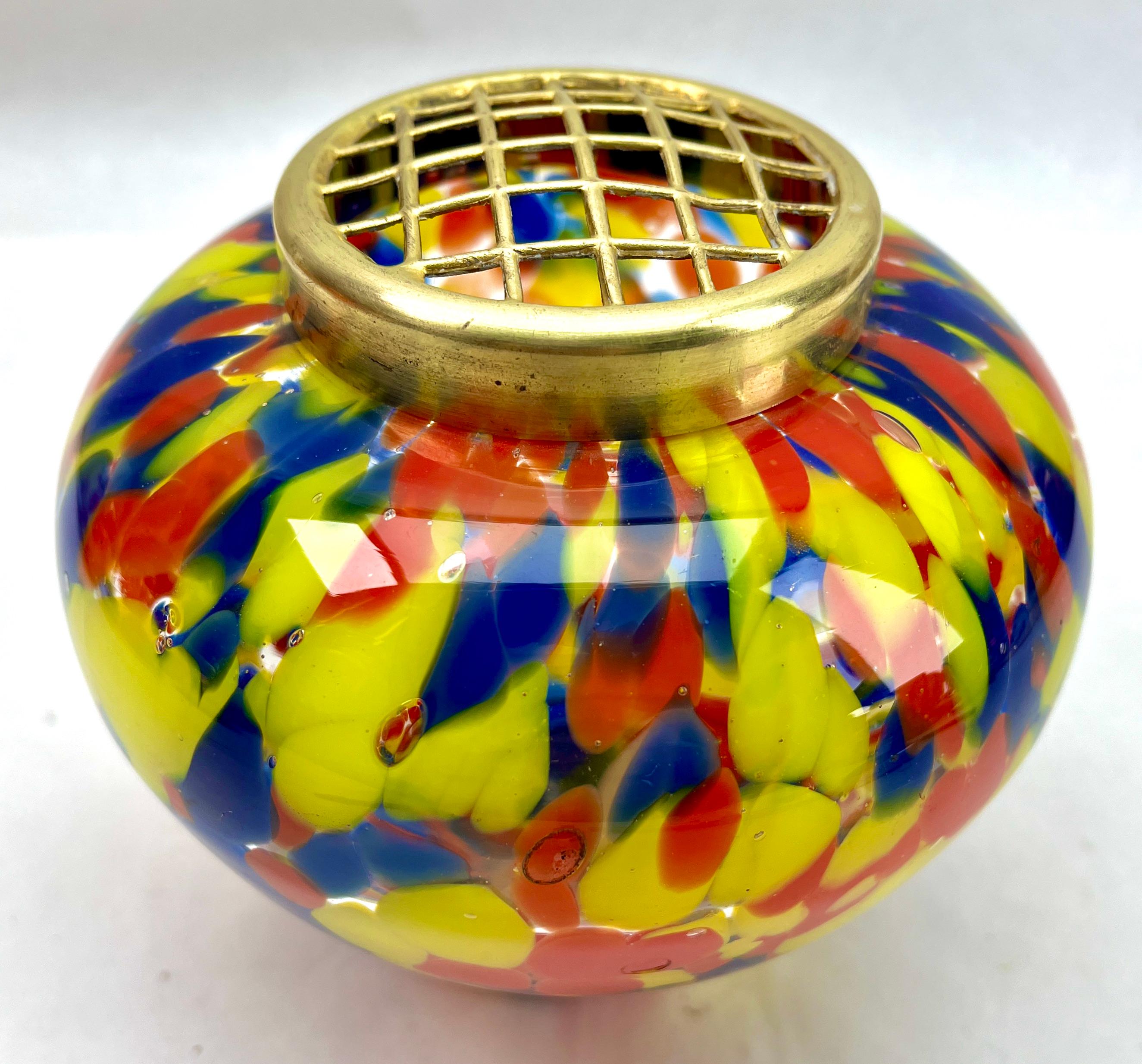 Art Nouveau 'Pique Fleurs'  Vase, in Multi Color Decor with Grille, Late 1930s For Sale