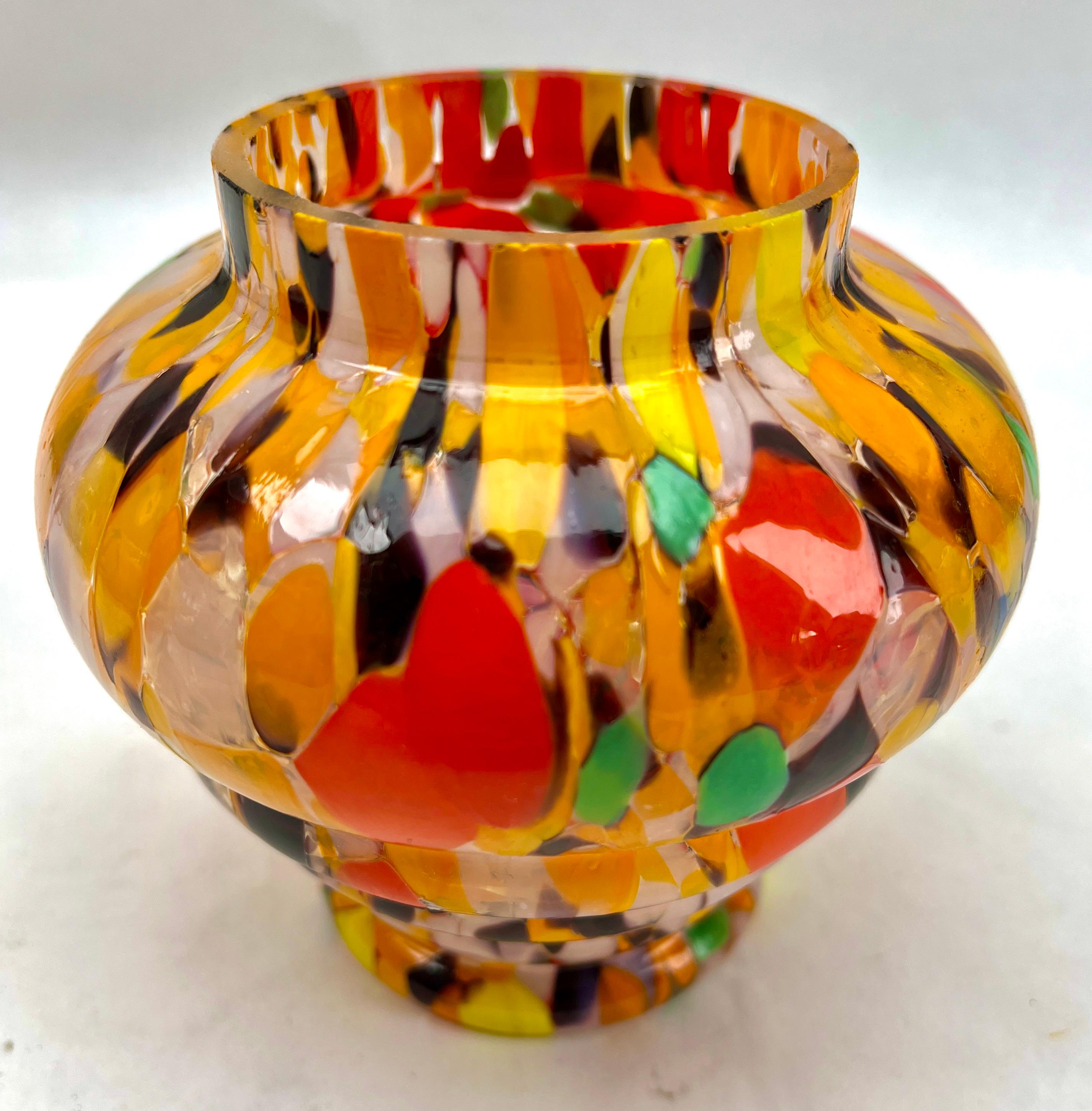 Hand-Crafted 'Pique Fleurs'  Vase, in Multi Color Decor with Grille, Late 1930s For Sale