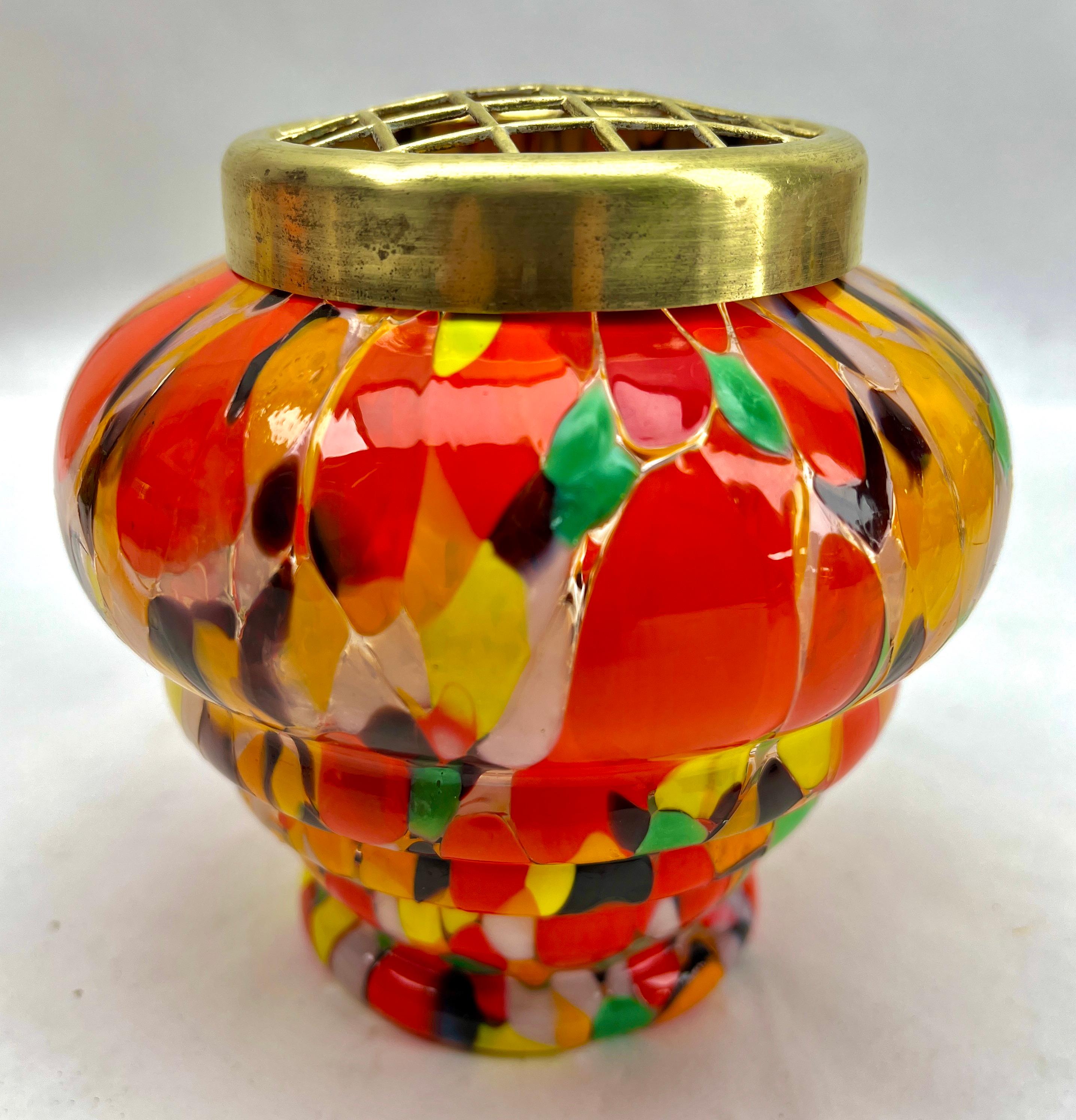 'Pique Fleurs'  Vase, in Multi Color Decor with Grille, Late 1930s In Good Condition For Sale In Verviers, BE