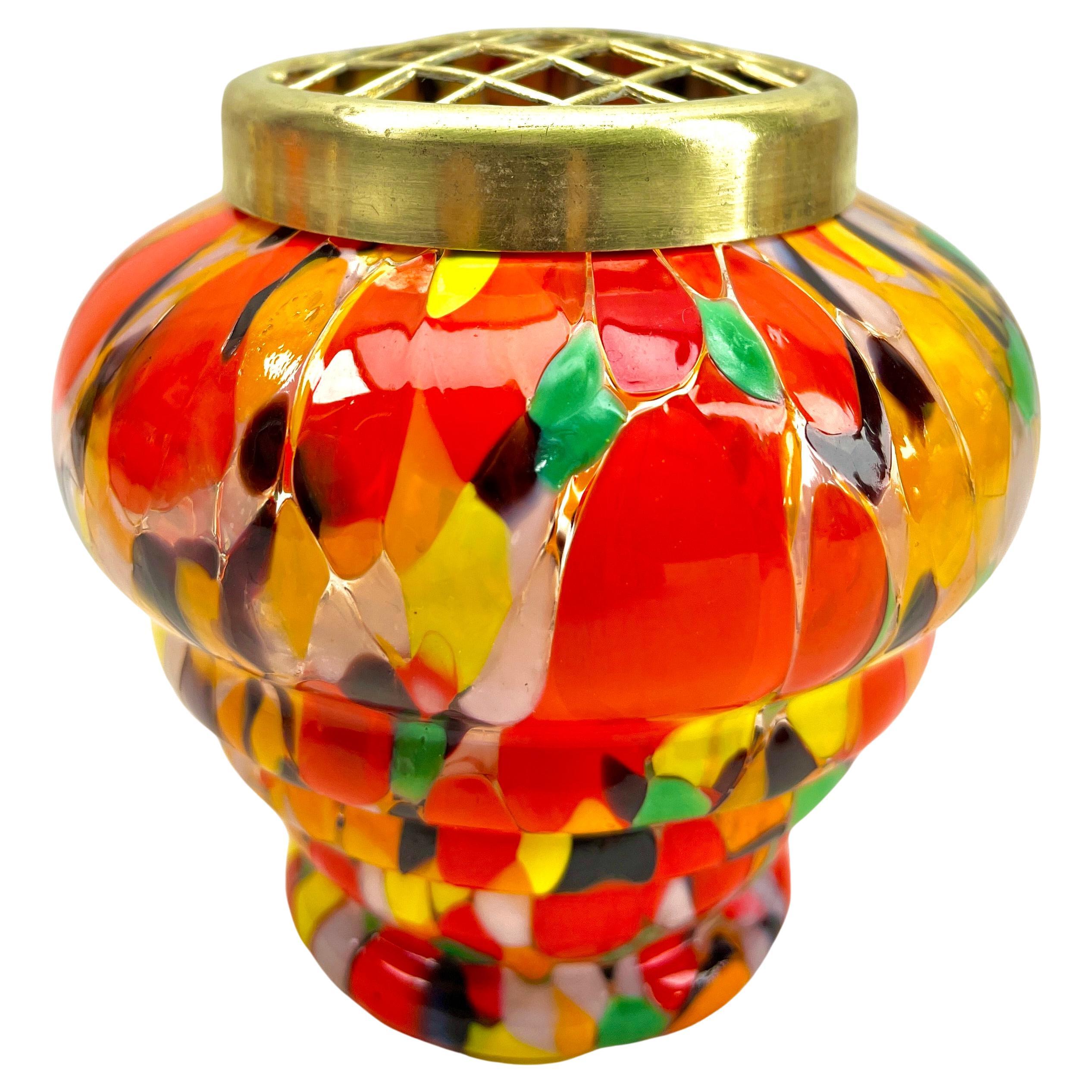 'Pique Fleurs'  Vase, in Multi Color Decor with Grille, Late 1930s For Sale