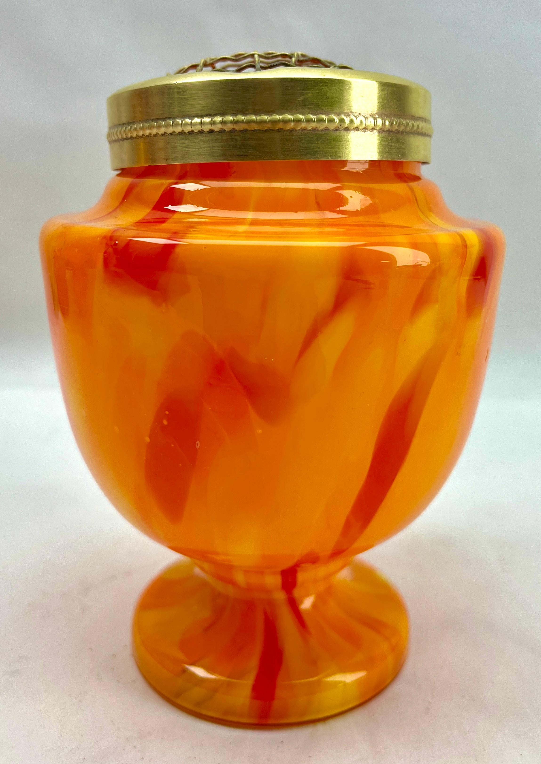 Hand-Crafted 'Pique Fleurs'  Vase, in Multi Color Orange Decor with Grille, Late 1930s For Sale