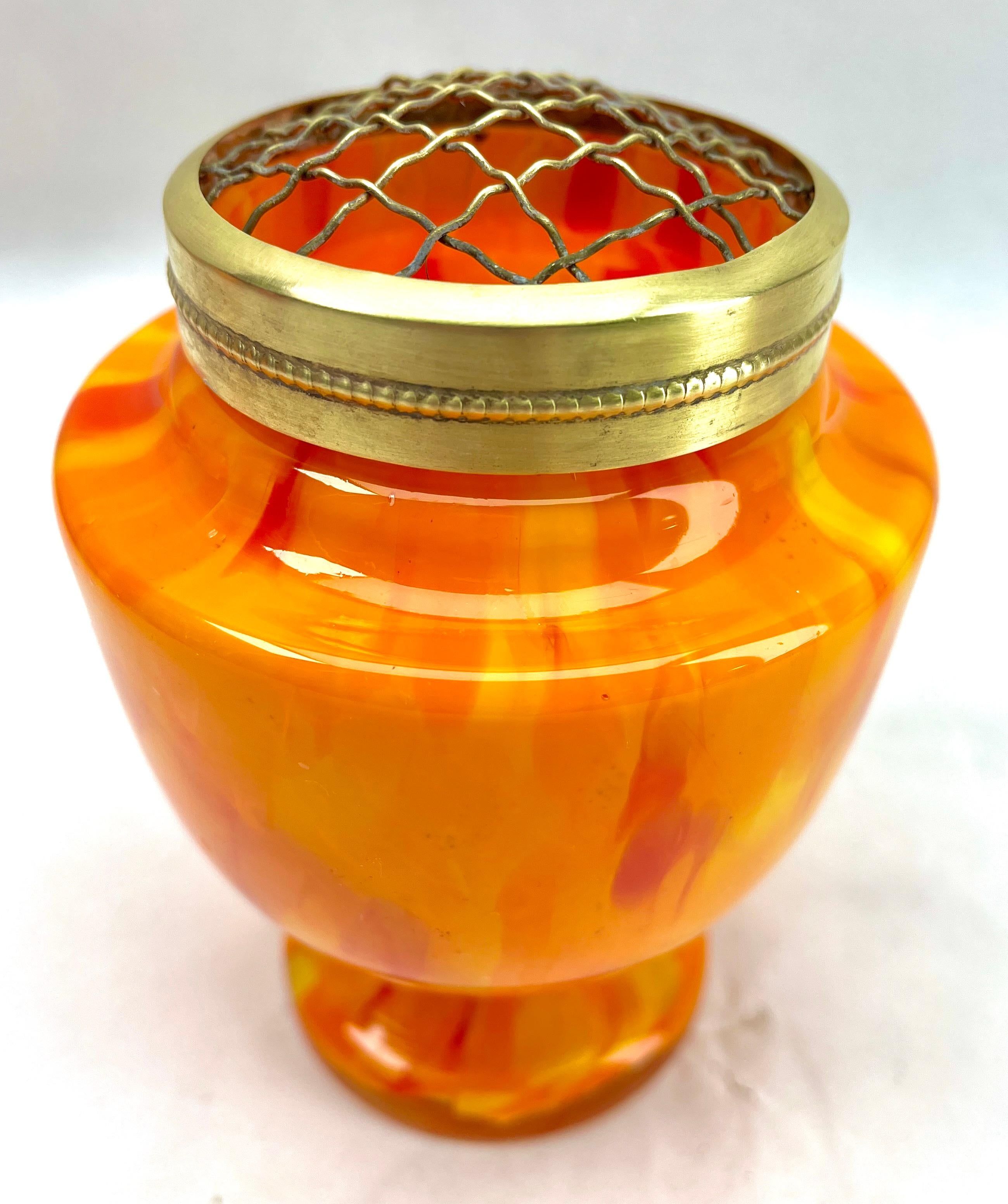 'Pique Fleurs'  Vase, in Multi Color Orange Decor with Grille, Late 1930s In Good Condition For Sale In Verviers, BE