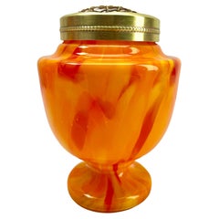 Antique 'Pique Fleurs'  Vase, in Multi Color Orange Decor with Grille, Late 1930s