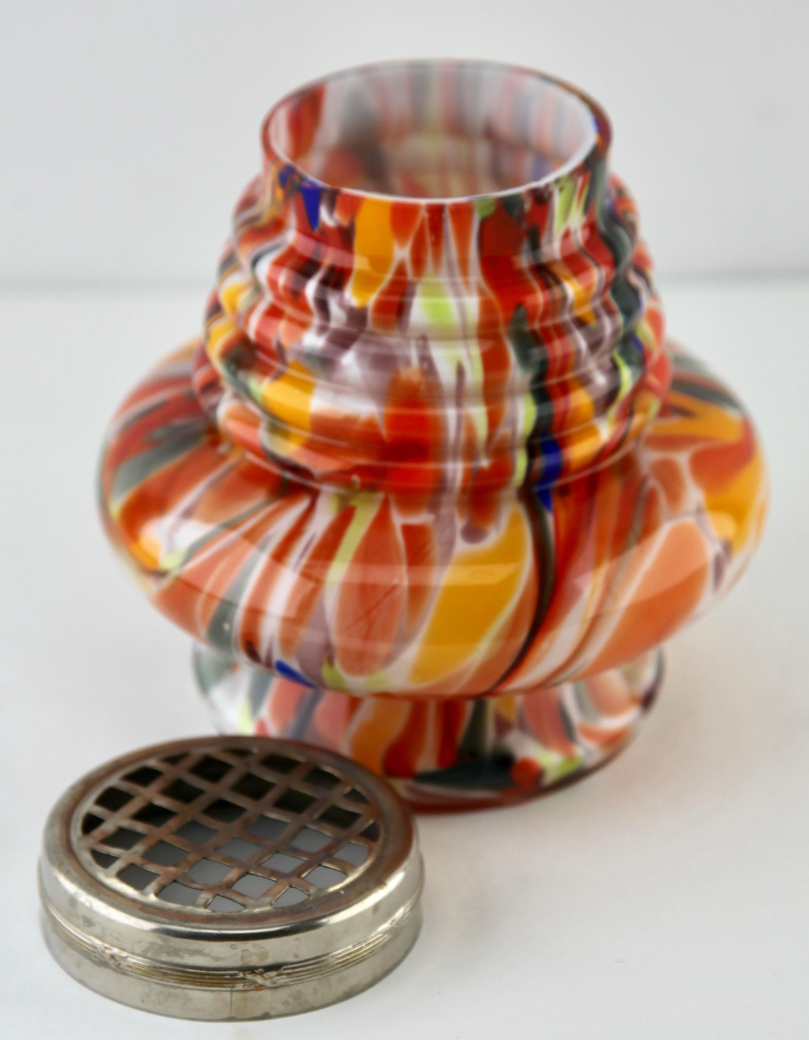 Art Nouveau 'Pique Fleurs' Vase in Multicolored Splatter Glass, with Grille