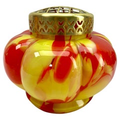 Antique 'Pique Fleurs'  Vase, in Red and Yellow Color Decor with Grille, Late 1930s