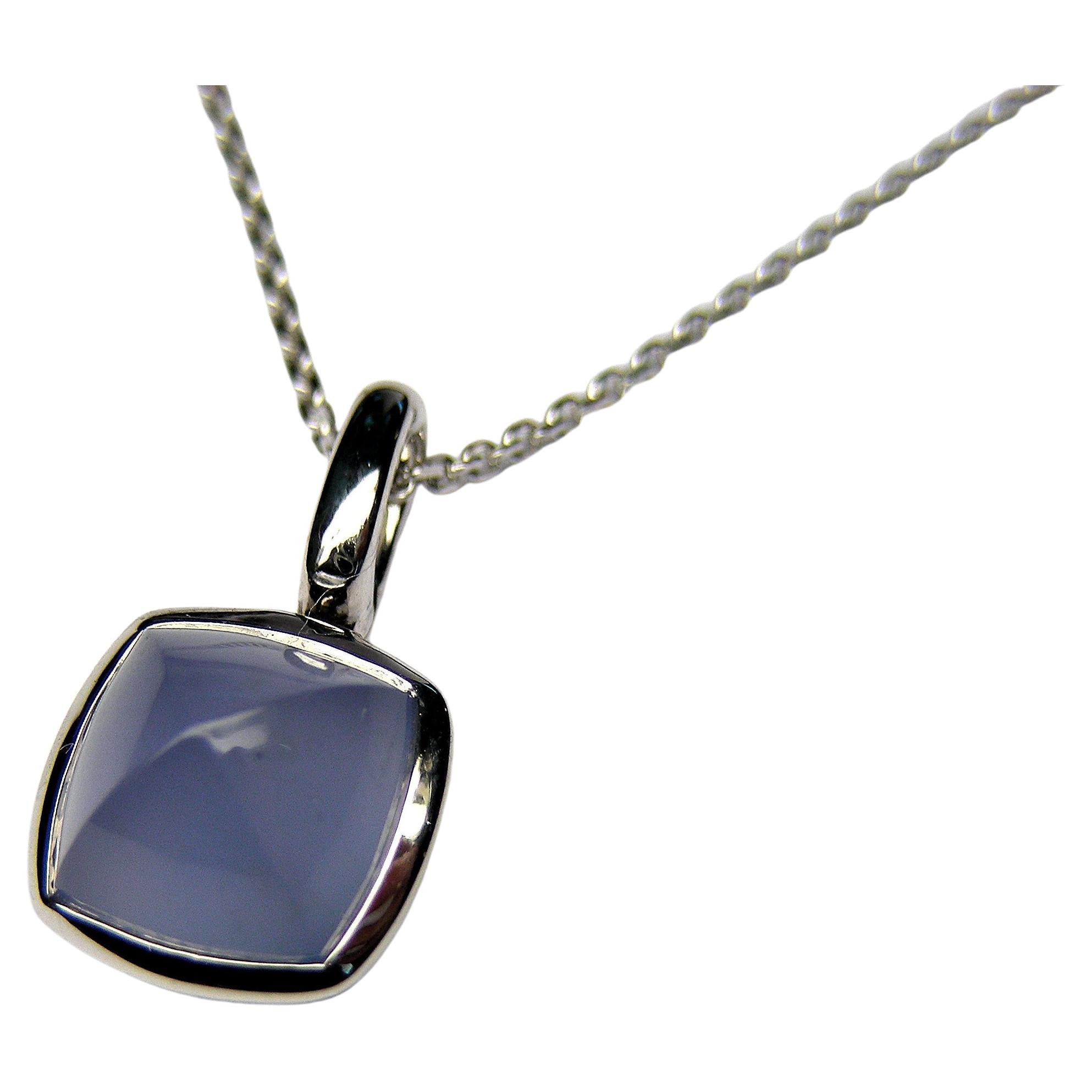 Piramid Cabochon Blue Chalcedony Ring in 18k White Gold Pendant Necklace For Sale