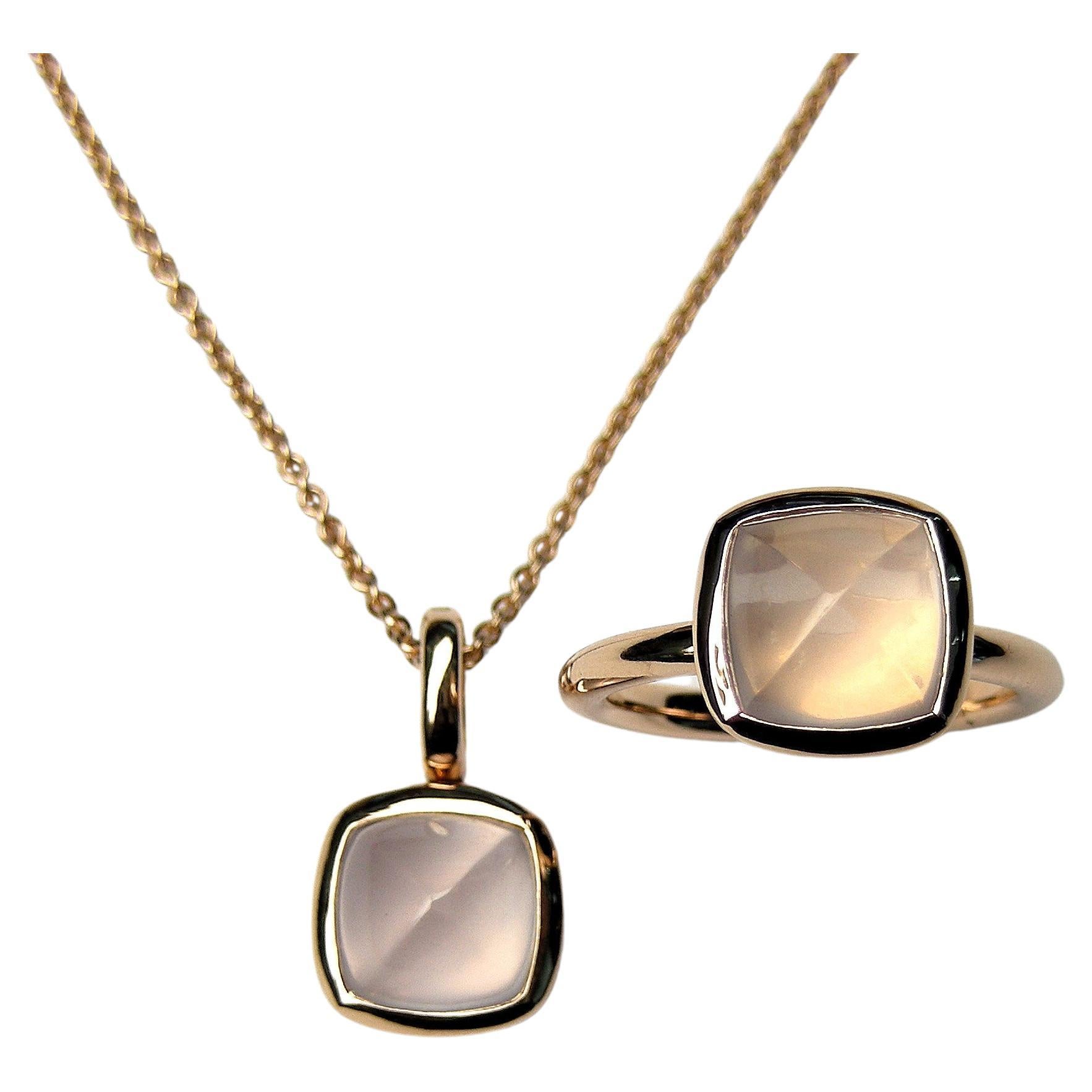 Crisscut Piramid Cabouchon Pink Quartz in 18k Rose Gold Pendant Necklace For Sale