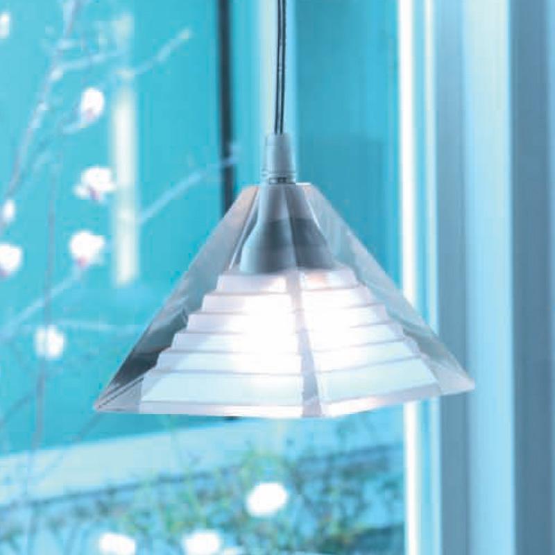 Piramide suspension light by Paolo Piva. Manufactured in Italy by Mazzega. Wired for U.S. standards. Geometric, beveled glass. Also comes in a configuration of four. The manufacturer recommends one 1 x G9 Max 60W bulb. Bulbs not included.