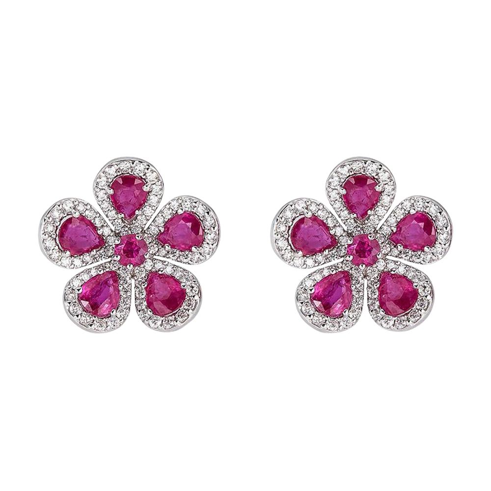 Piranesi Classic Flower Earrings in 18K White Gold with Ruby and White Diamond For Sale
