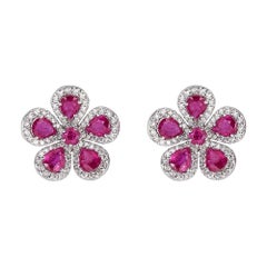 Piranesi Classic Flower Earrings in 18K White Gold with Ruby and White Diamond